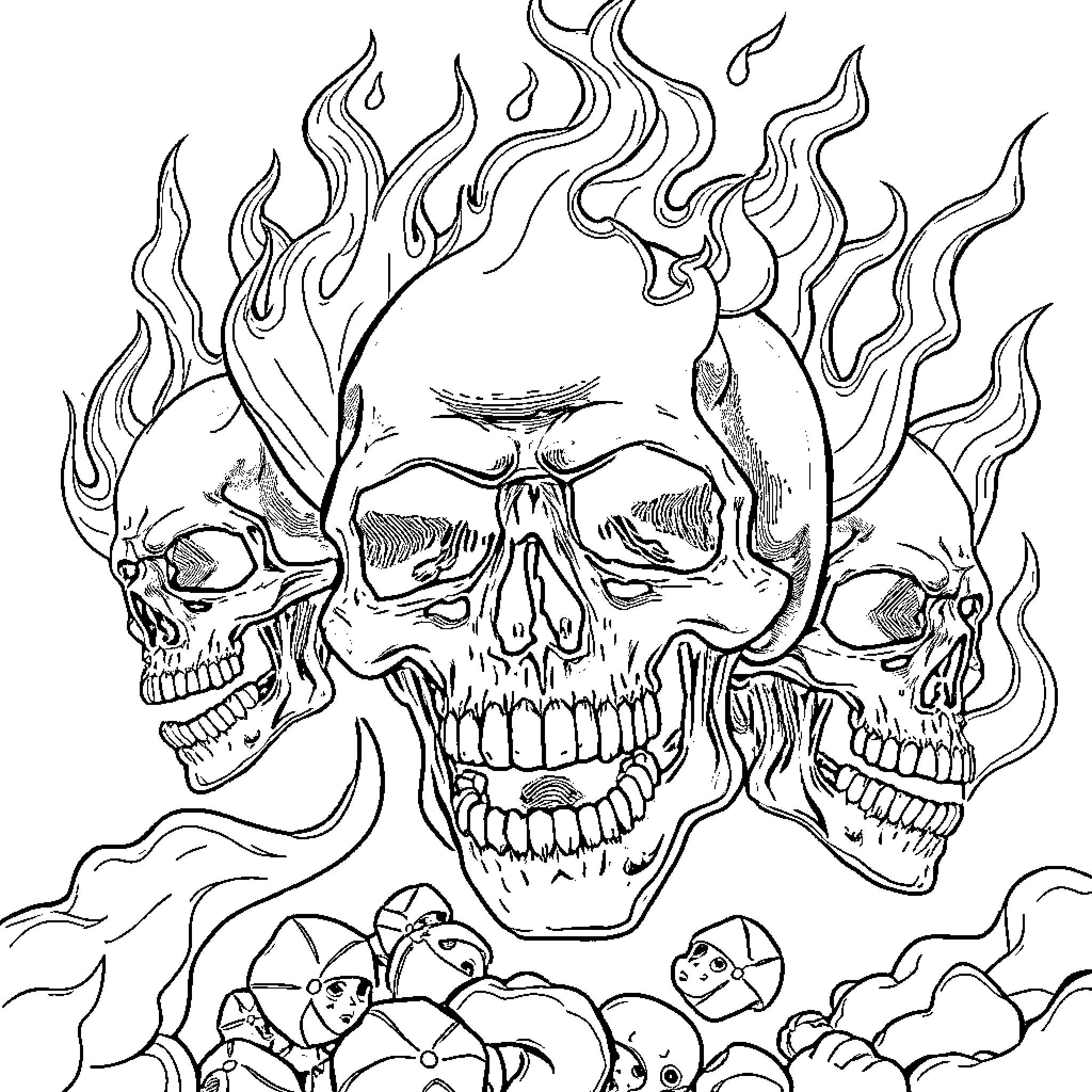 Skull Trio Engulfed in Flames Coloring Page (free black-and-white line drawing printable PDF for all, from beginners to advanced learners, including children, teens, adults, and seniors)