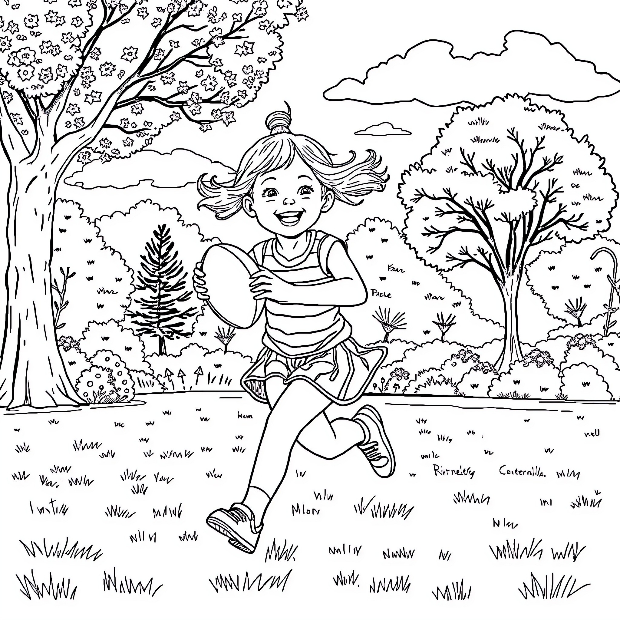 Girl enjoying the outdoors with a joyful expression Coloring Page (free black-and-white line drawing printable PDF for all, from beginners to advanced learners, including children, teens, adults, and seniors)