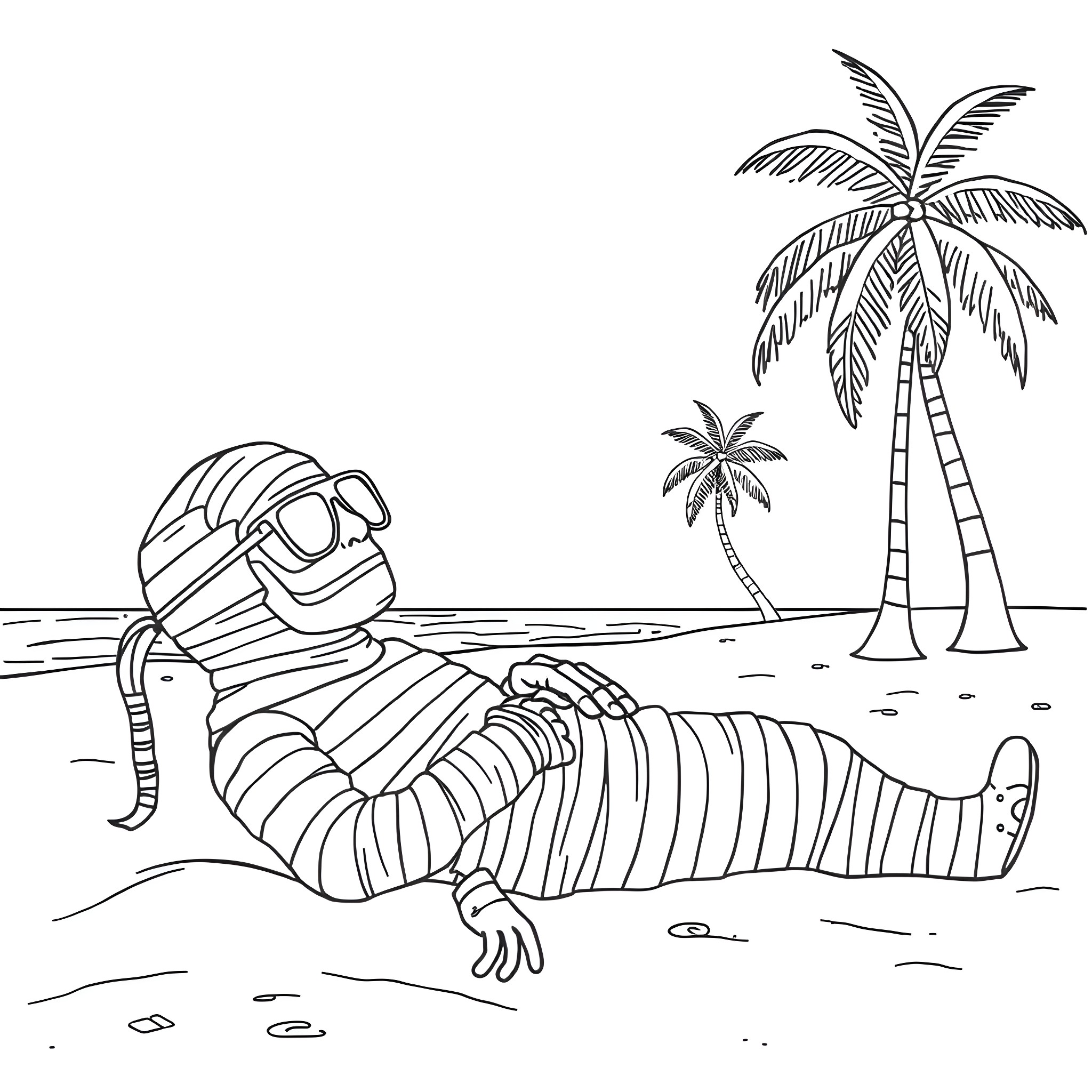 Mummy relaxing on the beach under palm trees Coloring Page (free black-and-white line drawing printable PDF for all, from beginners to advanced learners, including children, teens, adults, and seniors)