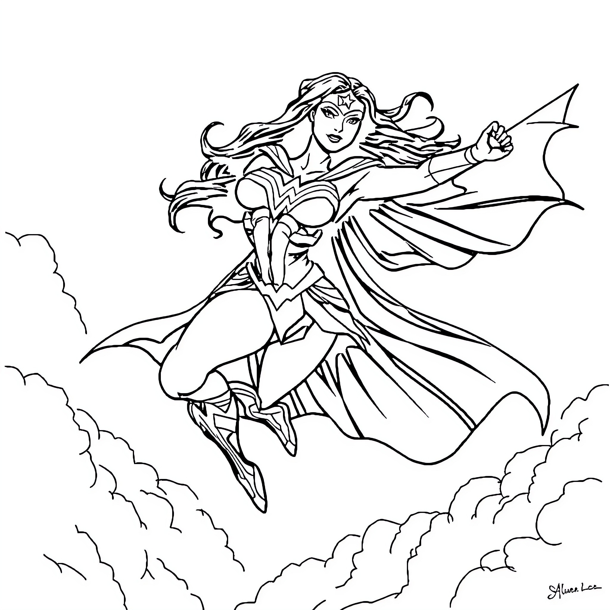 Wonder Woman in heroic action pose Coloring Page (free black-and-white line drawing printable PDF for all, from beginners to advanced learners, including children, teens, adults, and seniors)