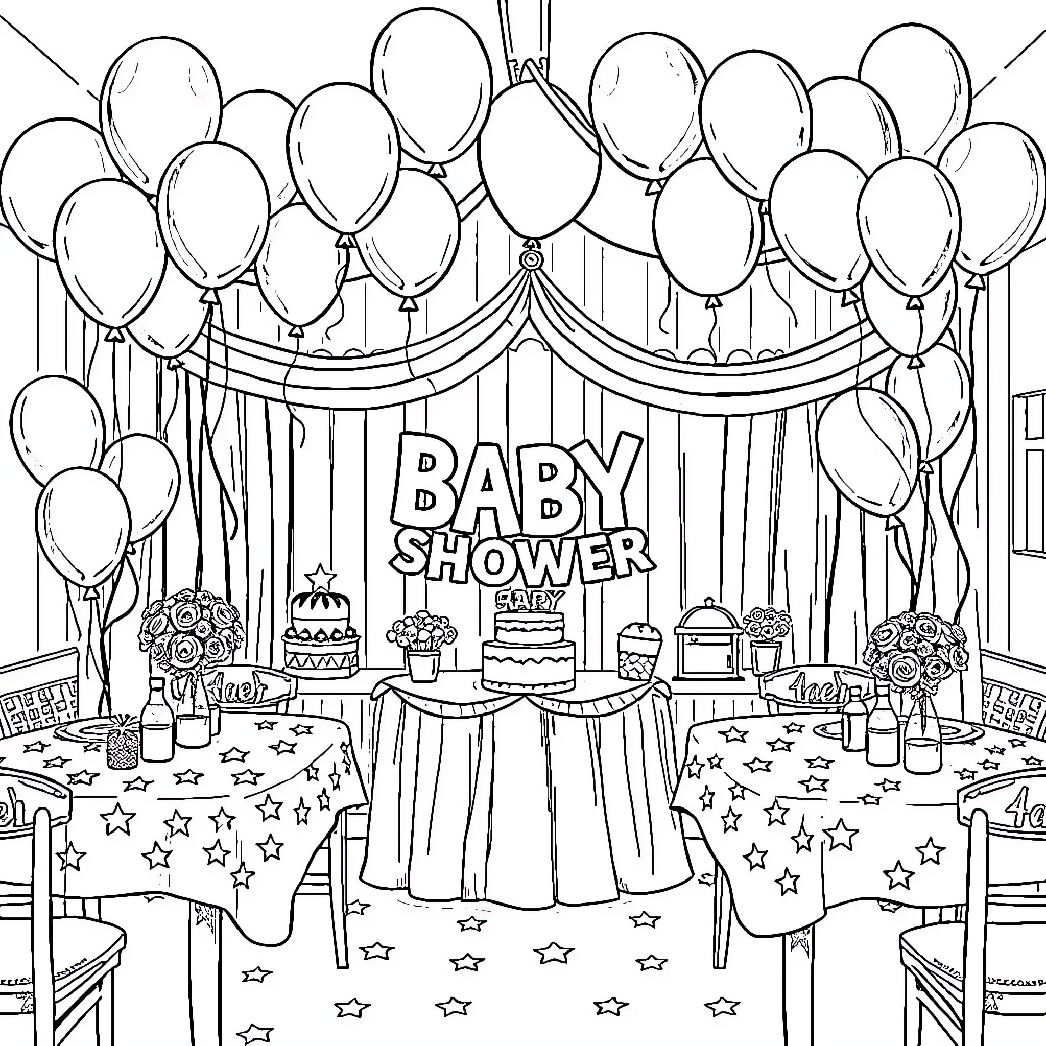 Baby Shower with Festive Balloons and Decorations Coloring Page (free black-and-white line drawing printable PDF for all, from beginners to advanced learners, including children, teens, adults, and seniors)