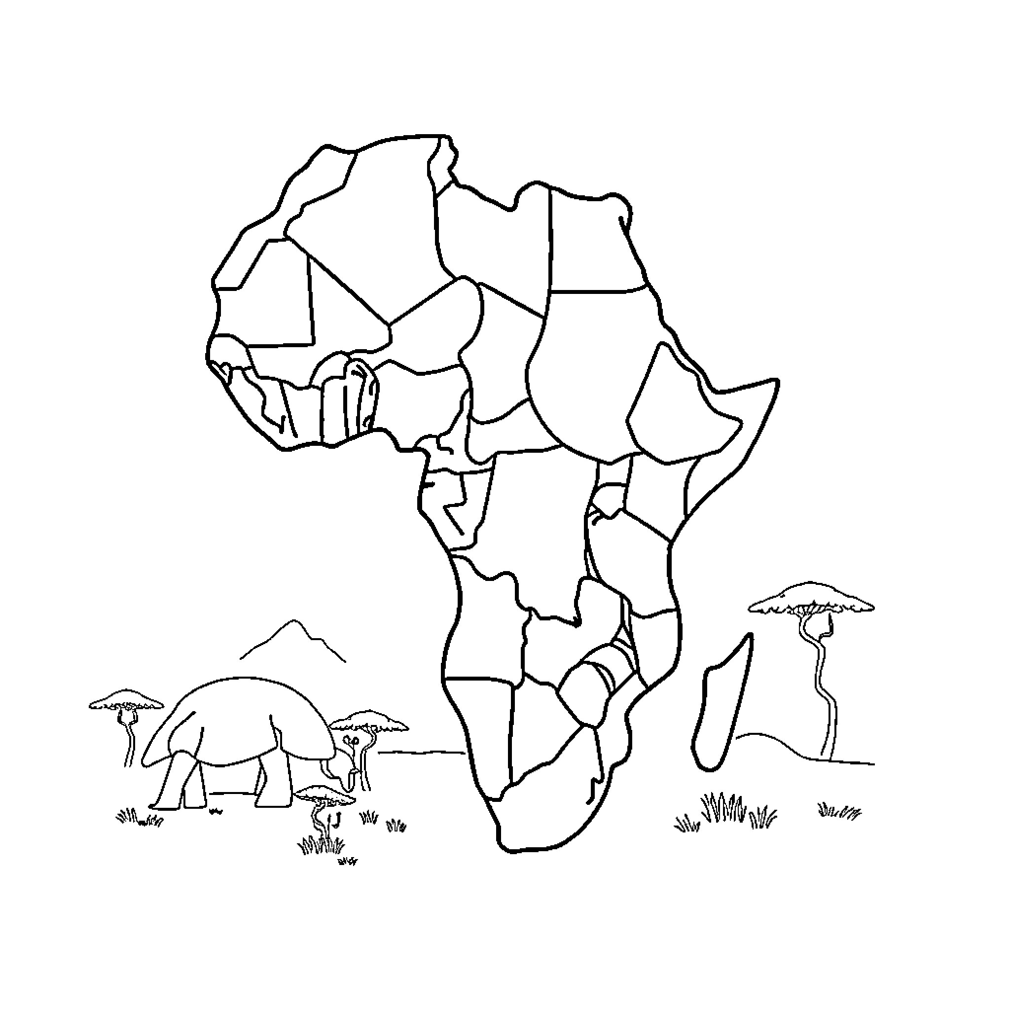 Africa's Diverse Landscapes and Wildlife Coloring Page (free black-and-white line drawing printable PDF for all, from beginners to advanced learners, including children, teens, adults, and seniors)