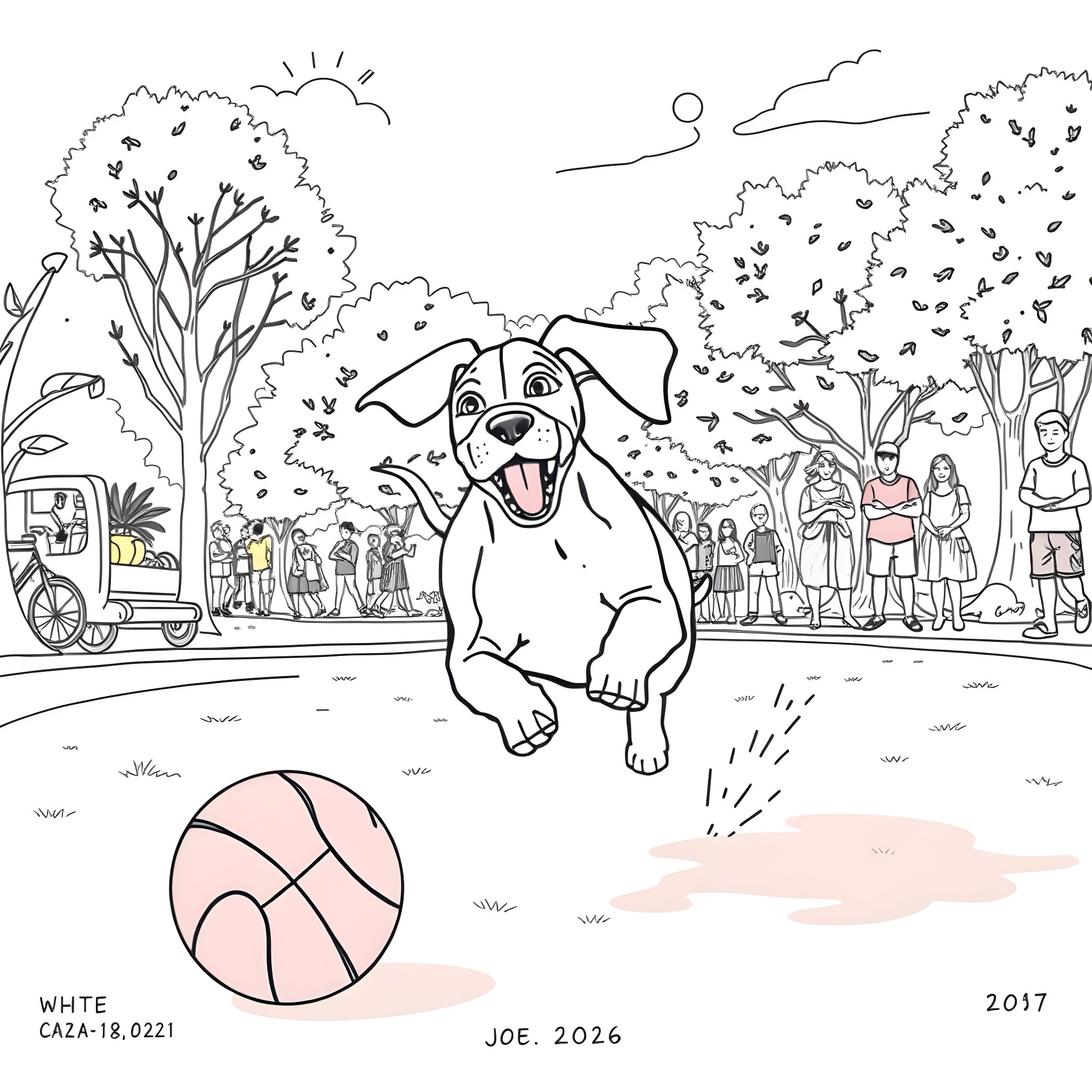 Beagle playing with a ball in a park Coloring Page (free black-and-white line drawing printable PDF for all, from beginners to advanced learners, including children, teens, adults, and seniors)