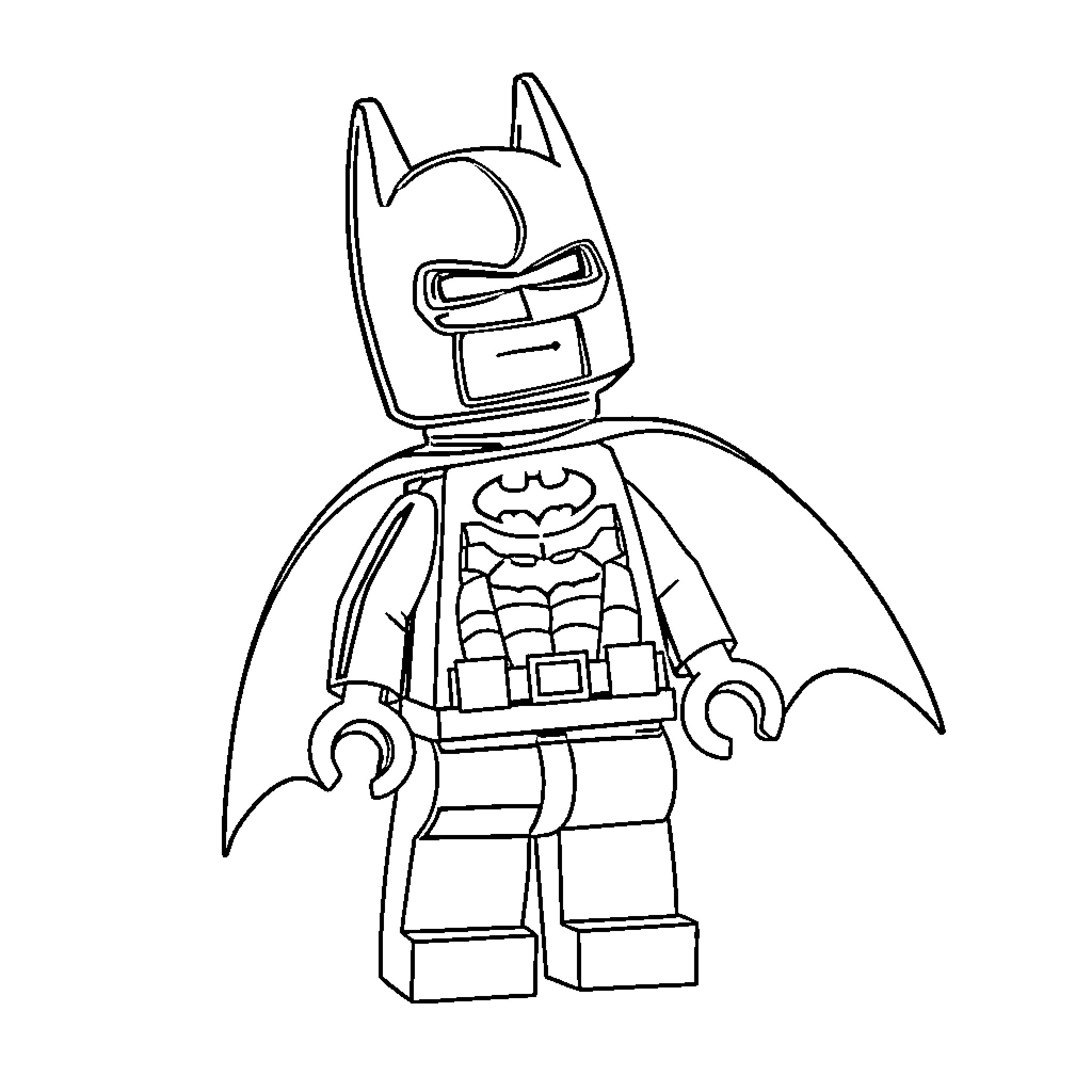 Batman Lego figure in action pose Coloring Page (free black-and-white line drawing printable PDF for all, from beginners to advanced learners, including children, teens, adults, and seniors)