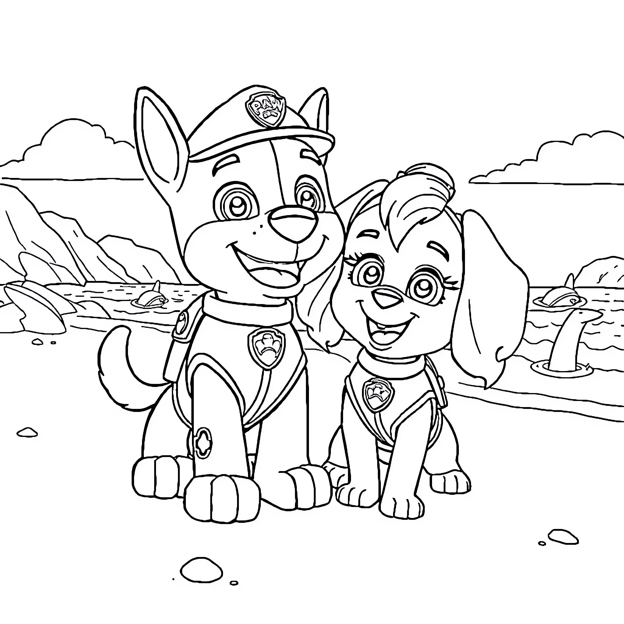Stitch playing with puppy in outdoor scene Coloring Page (free black-and-white line drawing printable PDF for all, from beginners to advanced learners, including children, teens, adults, and seniors)