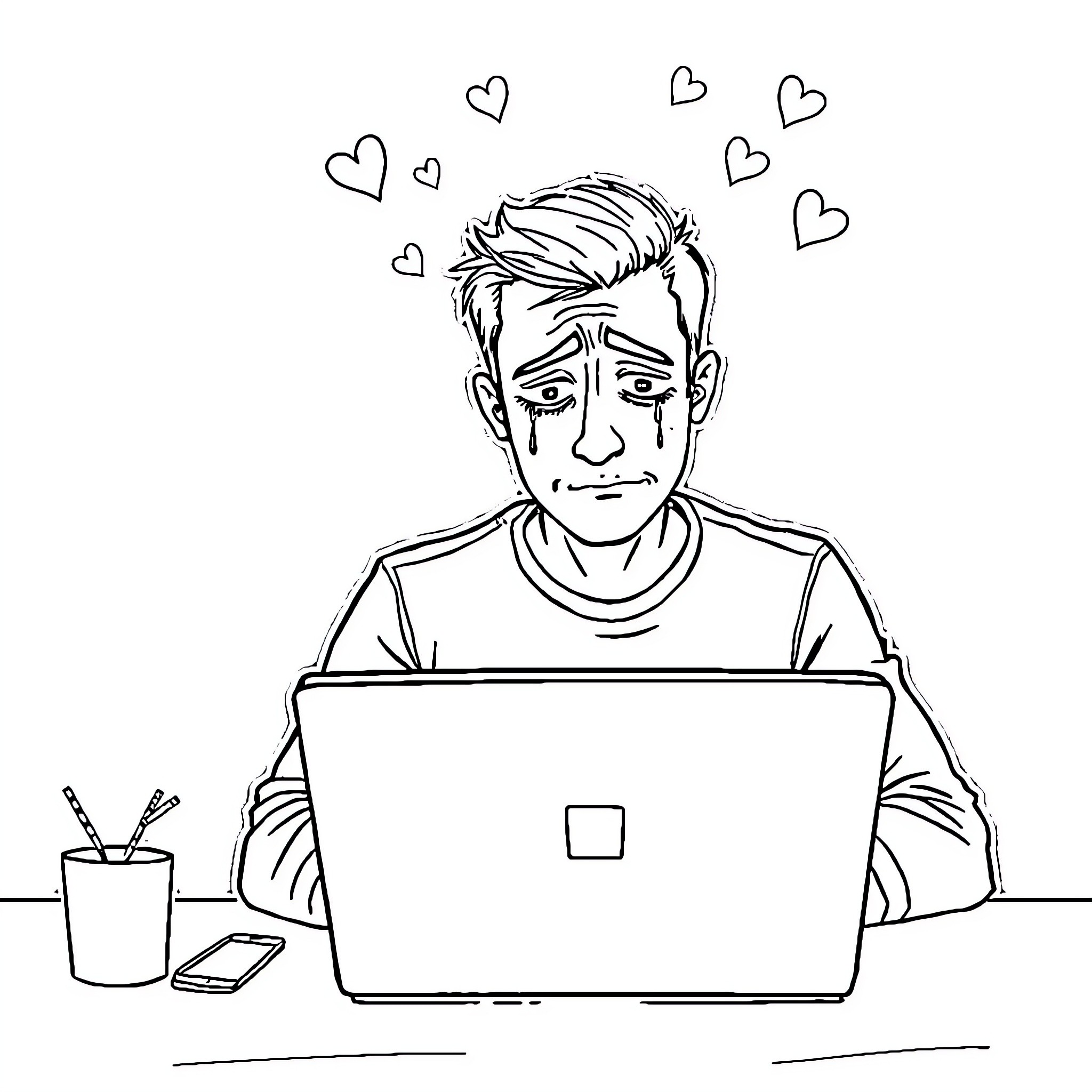 Man distressed while working on laptop Coloring Page (free black-and-white line drawing printable PDF for all, from beginners to advanced learners, including children, teens, adults, and seniors)
