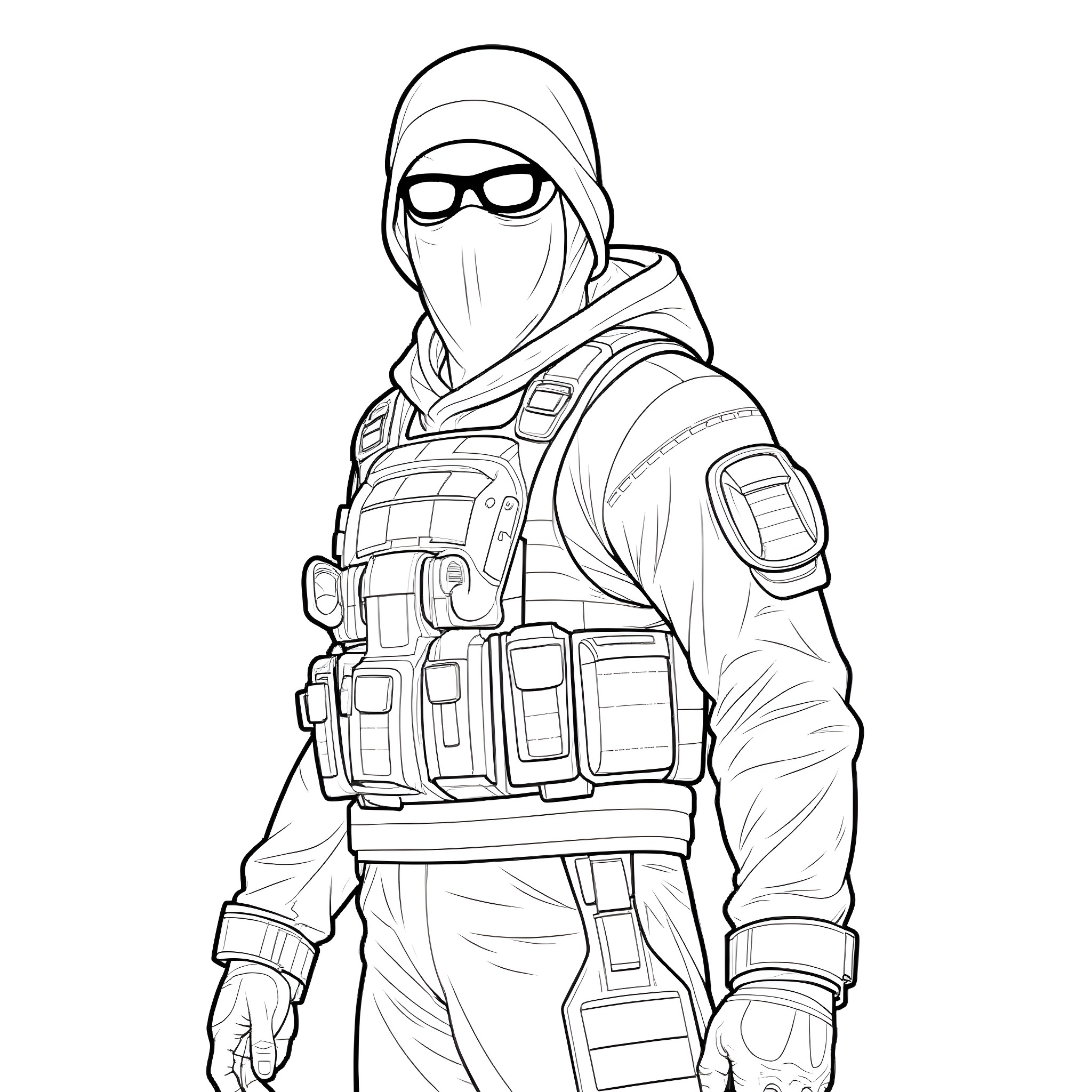 Simon in tactical gear and gear Coloring Page (free black-and-white line drawing printable PDF for all, from beginners to advanced learners, including children, teens, adults, and seniors)