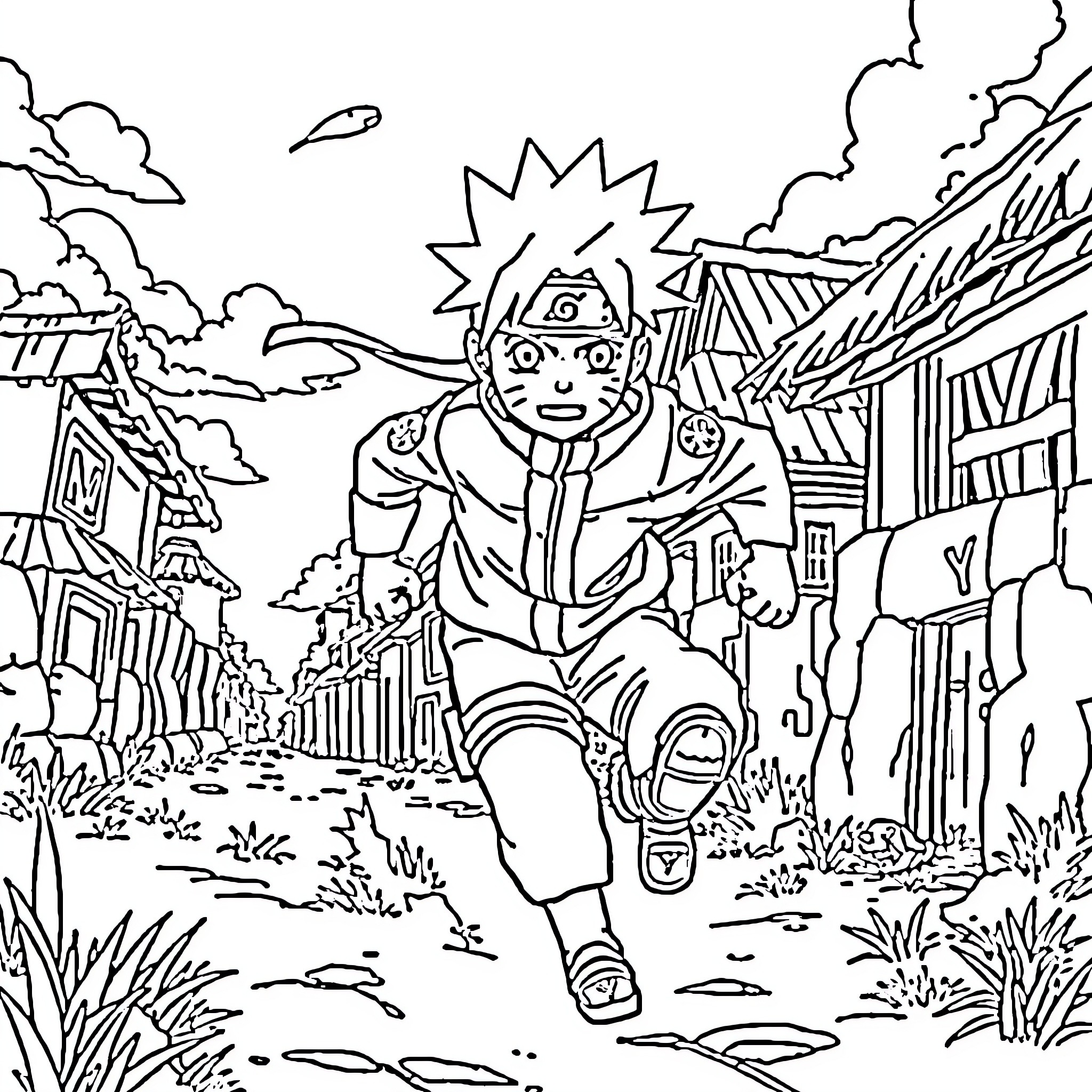 Naruto on a ninja mission in the village Coloring Page (free black-and-white line drawing printable PDF for all, from beginners to advanced learners, including children, teens, adults, and seniors)