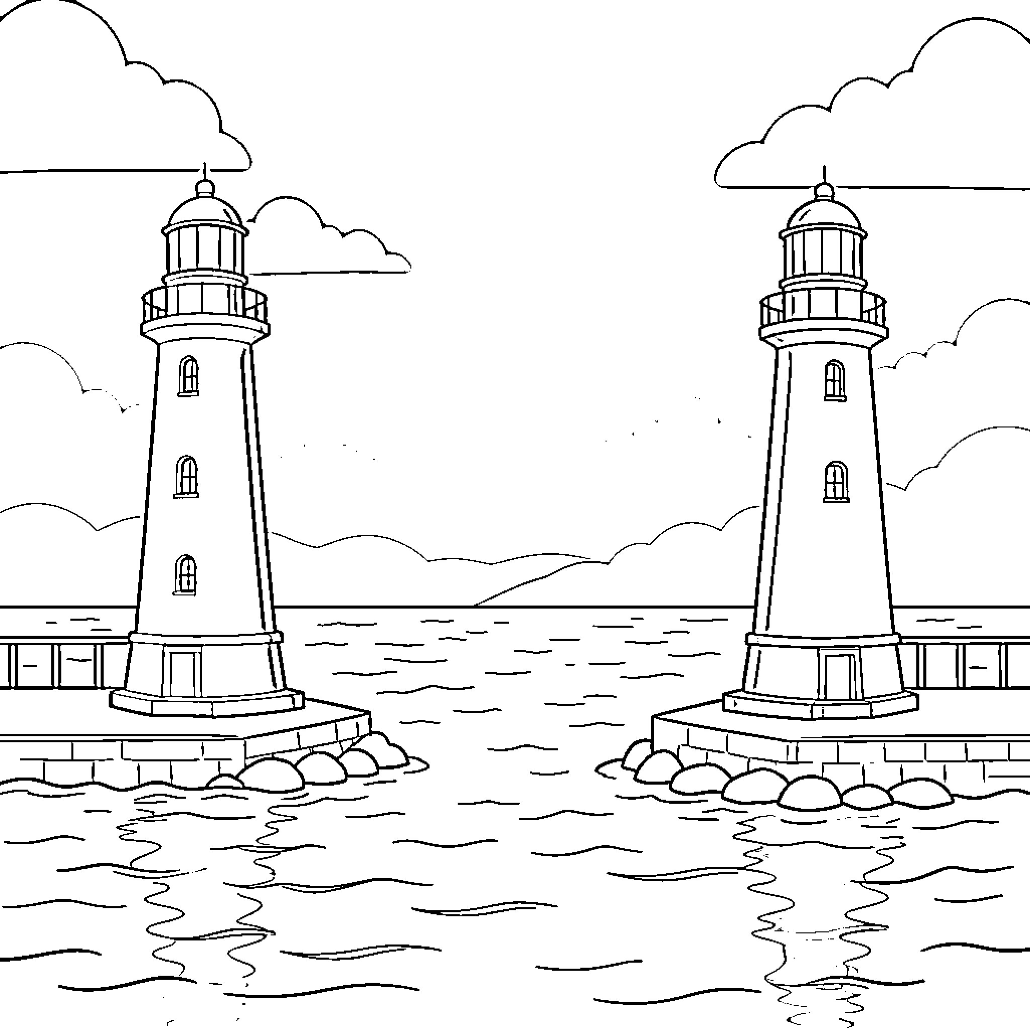 Lighthouse duo overlooking serene waters Coloring Page (free black-and-white line drawing printable PDF for all, from beginners to advanced learners, including children, teens, adults, and seniors)