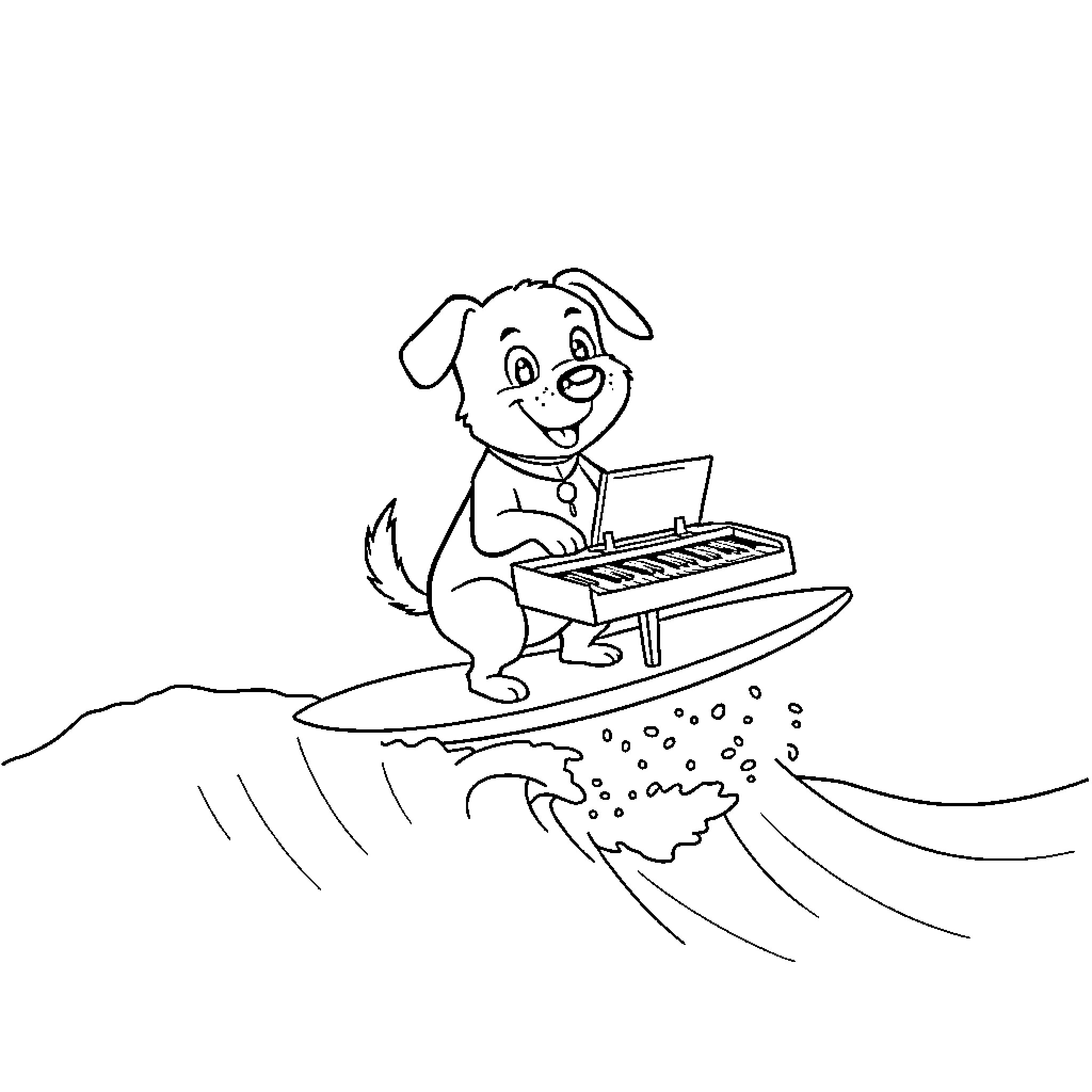 Dog playing keyboard on a surfboard Coloring Page (free black-and-white line drawing printable PDF for all, from beginners to advanced learners, including children, teens, adults, and seniors)