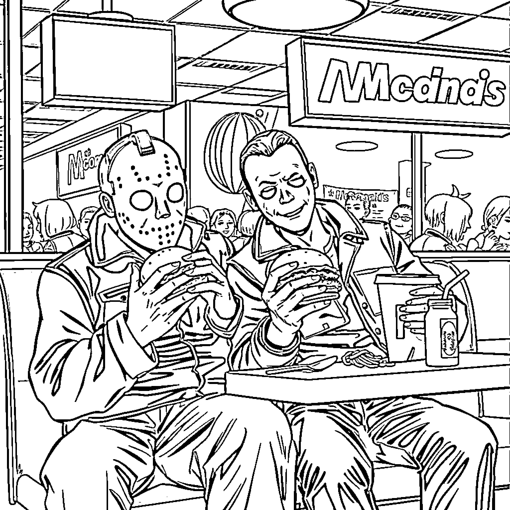 Jason Voorhees enjoying a fast food meal with a friend Coloring Page (free black-and-white line drawing printable PDF for all, from beginners to advanced learners, including children, teens, adults, and seniors)