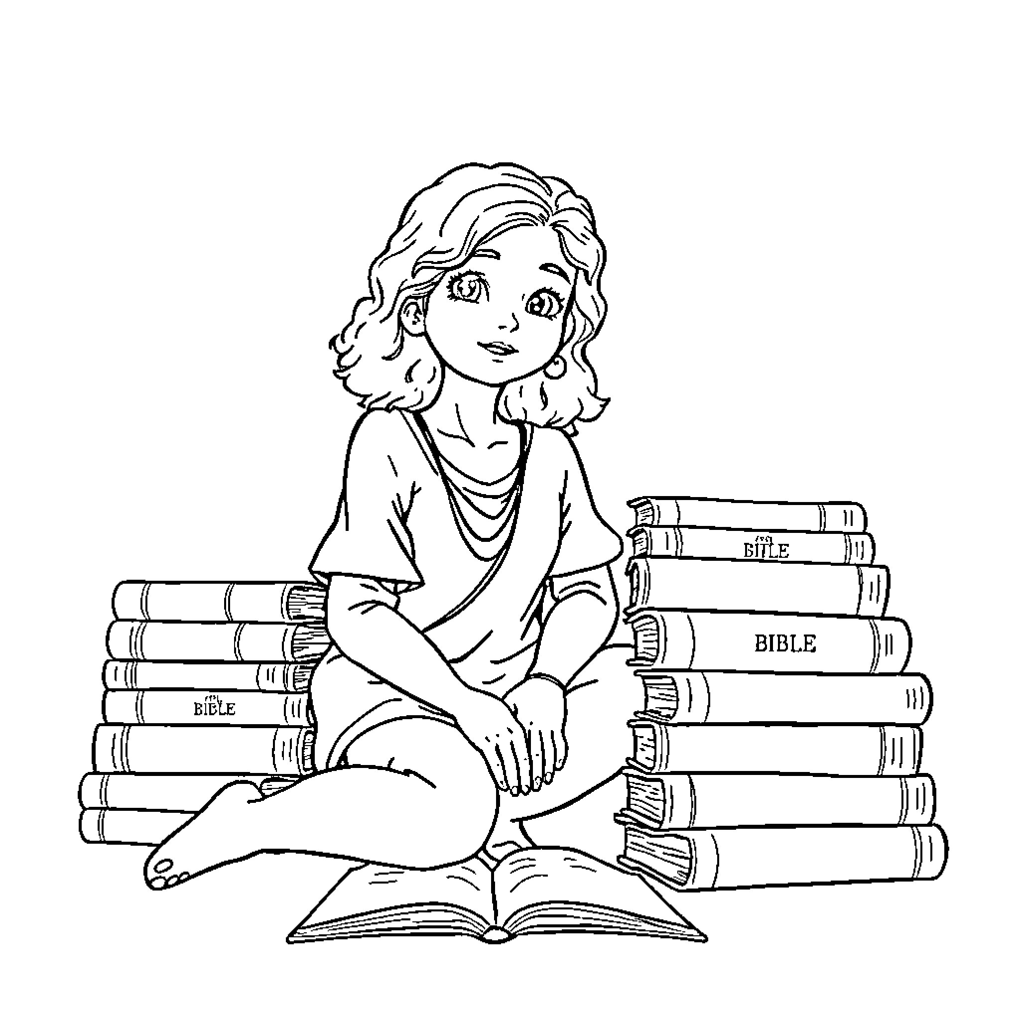 Bluey reading books with determination Coloring Page (free black-and-white line drawing printable PDF for all, from beginners to advanced learners, including children, teens, adults, and seniors)