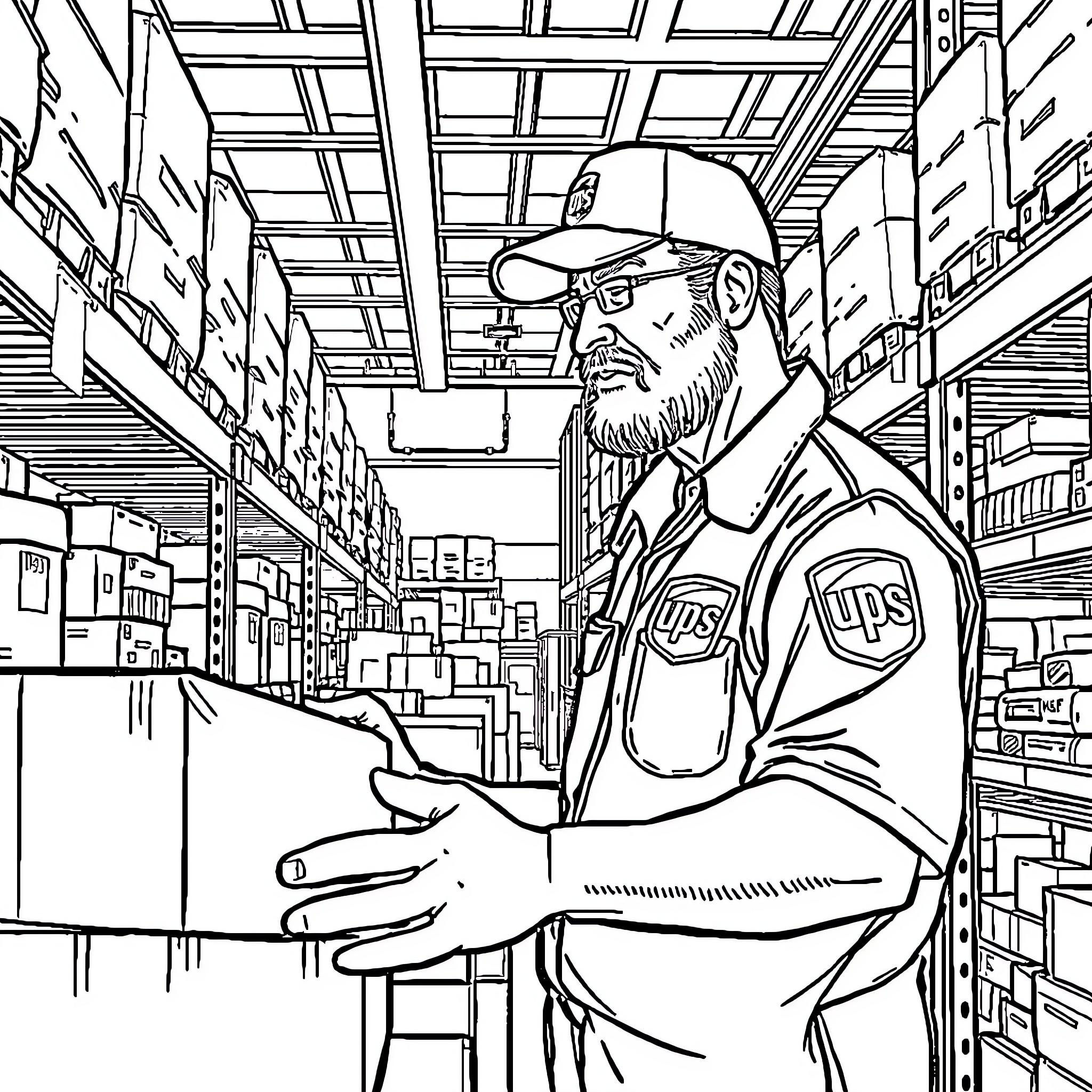 Dad Works Diligently in Warehouse Stocking Shelves Coloring Page (free black-and-white line drawing printable PDF for all, from beginners to advanced learners, including children, teens, adults, and seniors)