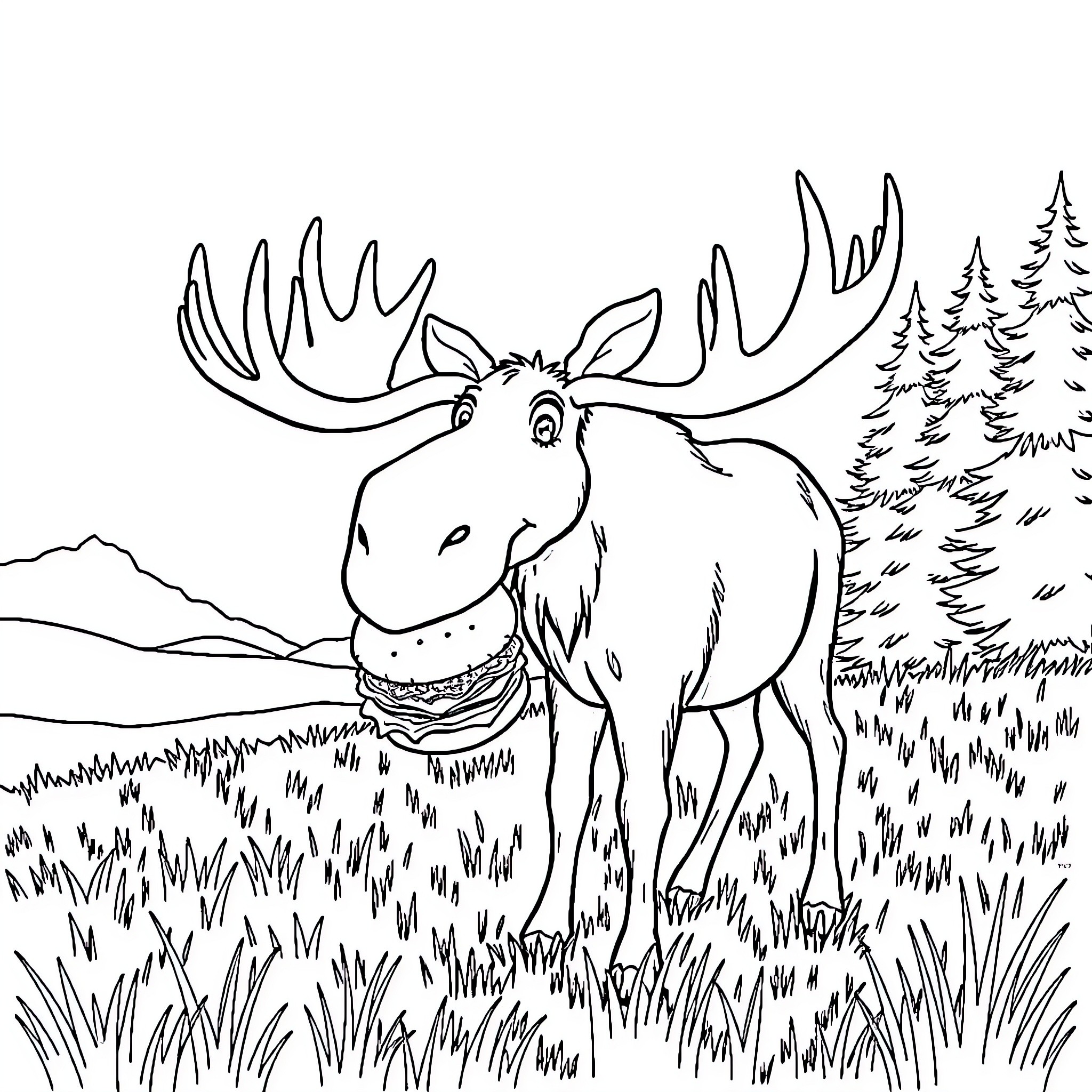 Moose standing tall in the wilderness Coloring Page (free black-and-white line drawing printable PDF for all, from beginners to advanced learners, including children, teens, adults, and seniors)