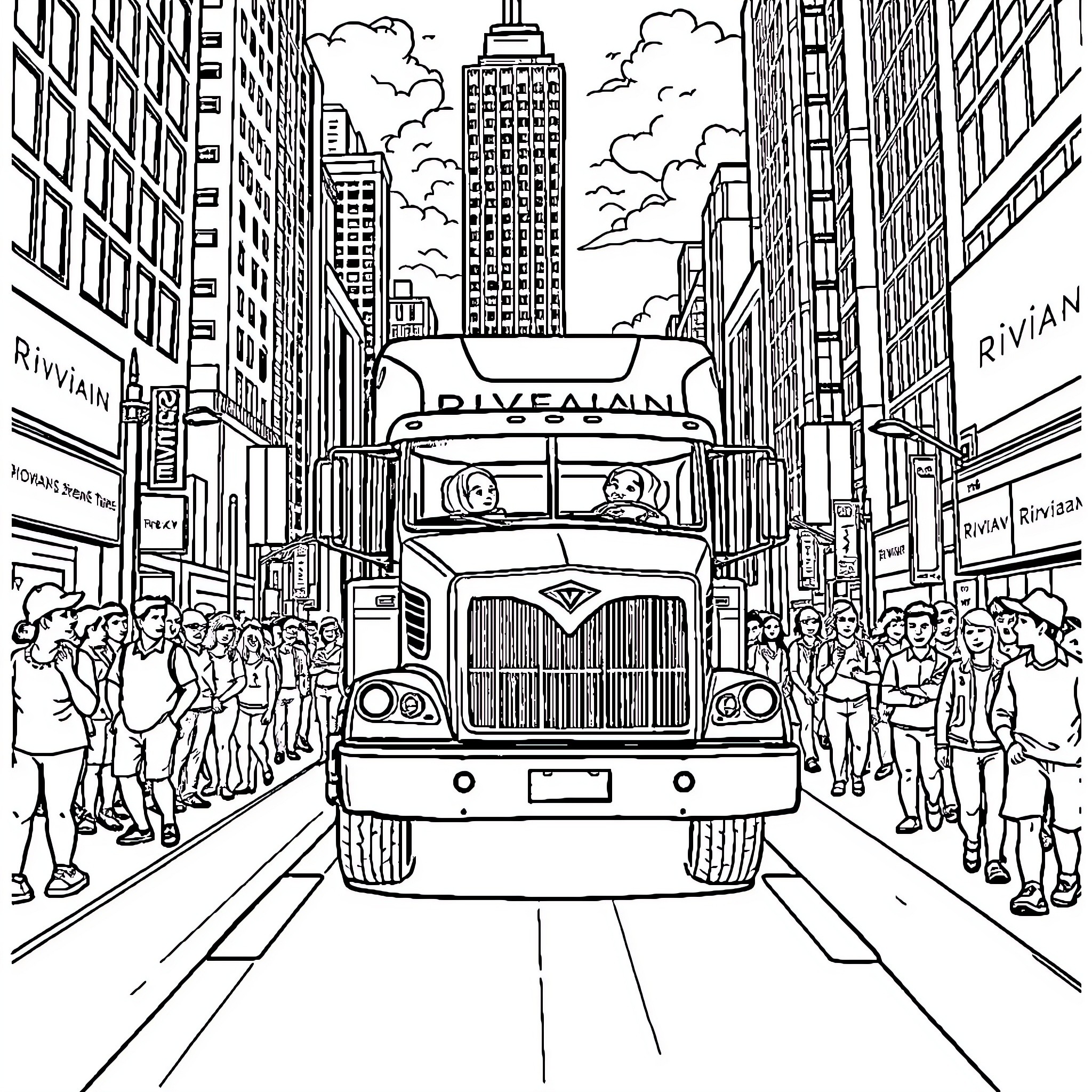 Truck transporting people in crowded city streets Coloring Page (free black-and-white line drawing printable PDF for all, from beginners to advanced learners, including children, teens, adults, and seniors)