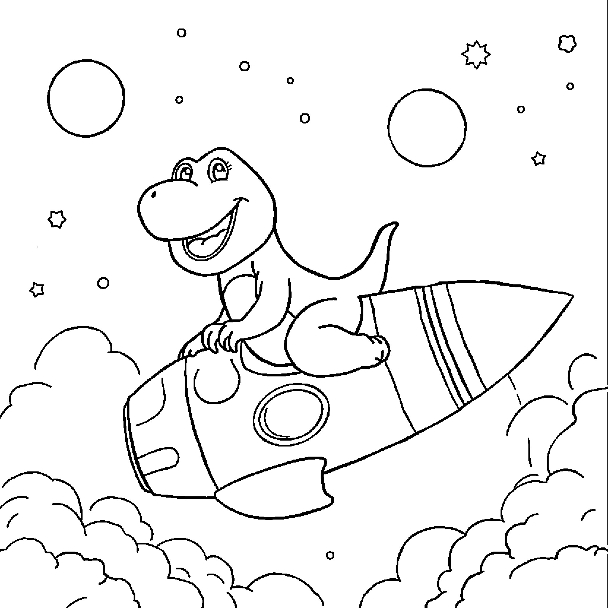Barney's Rocket Ship Adventure in the Starry Sky Coloring Page (free black-and-white line drawing printable PDF for all, from beginners to advanced learners, including children, teens, adults, and seniors)