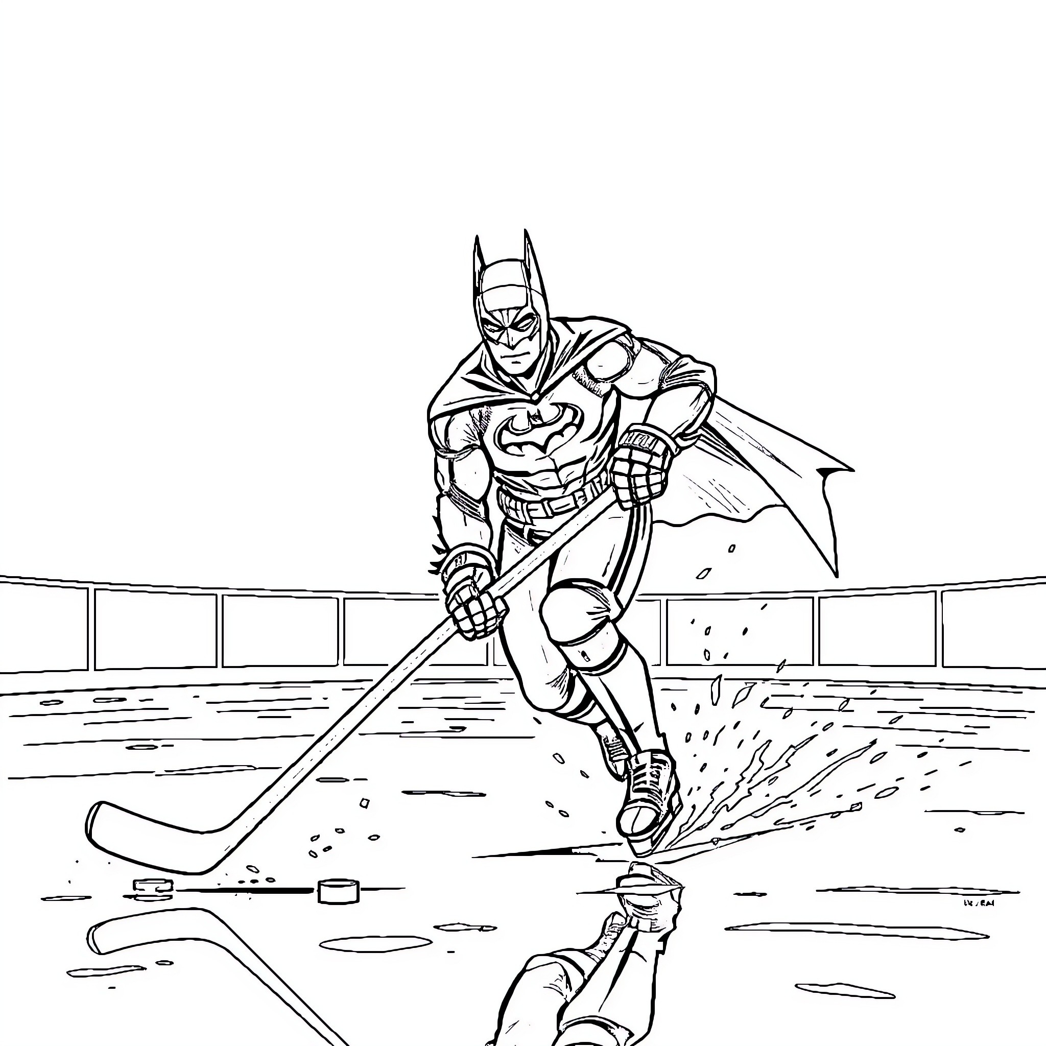 Batman playing hockey on the ice rink Coloring Page (free black-and-white line drawing printable PDF for all, from beginners to advanced learners, including children, teens, adults, and seniors)
