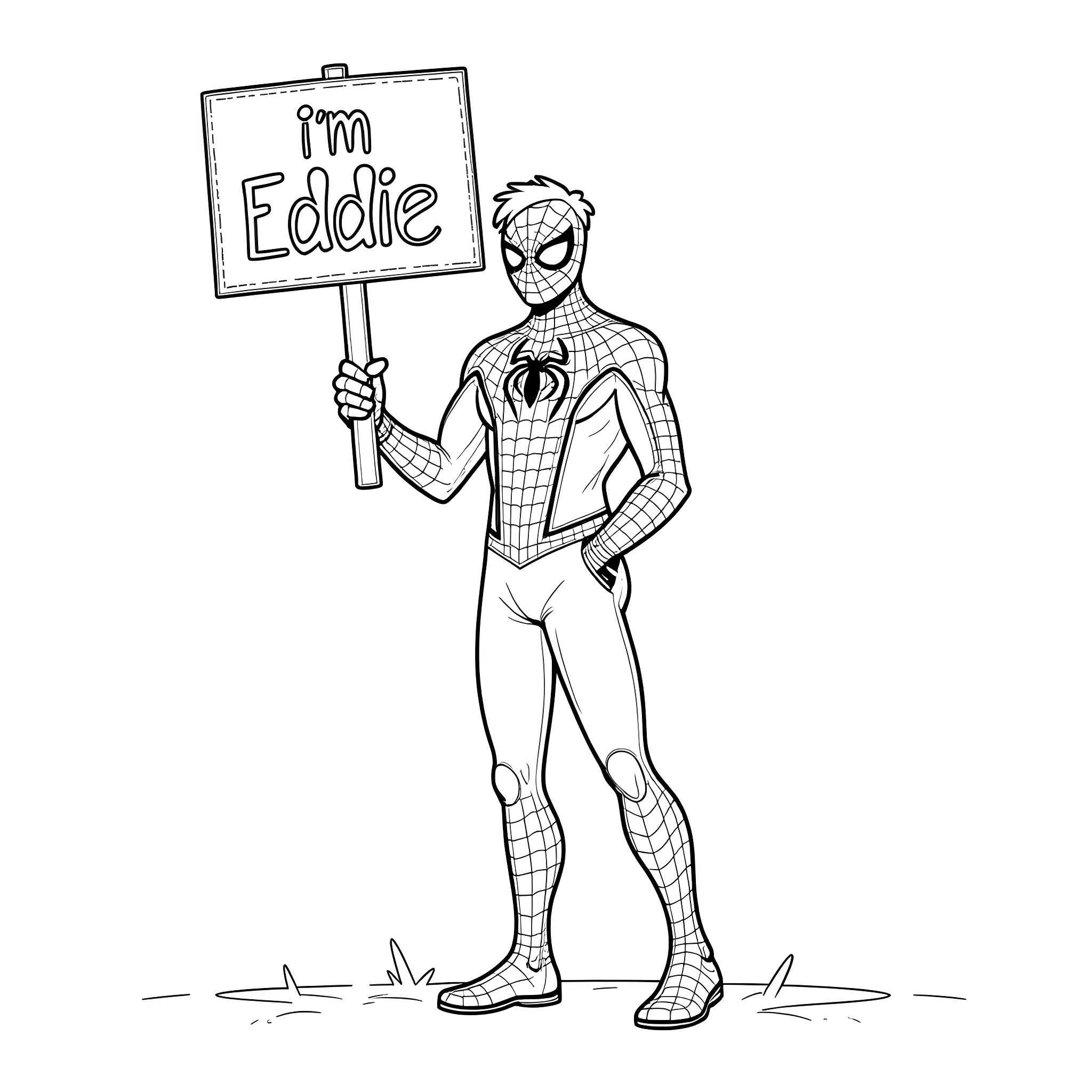Spiderman introduces himself as Eddie Coloring Page (free black-and-white line drawing printable PDF for all, from beginners to advanced learners, including children, teens, adults, and seniors)