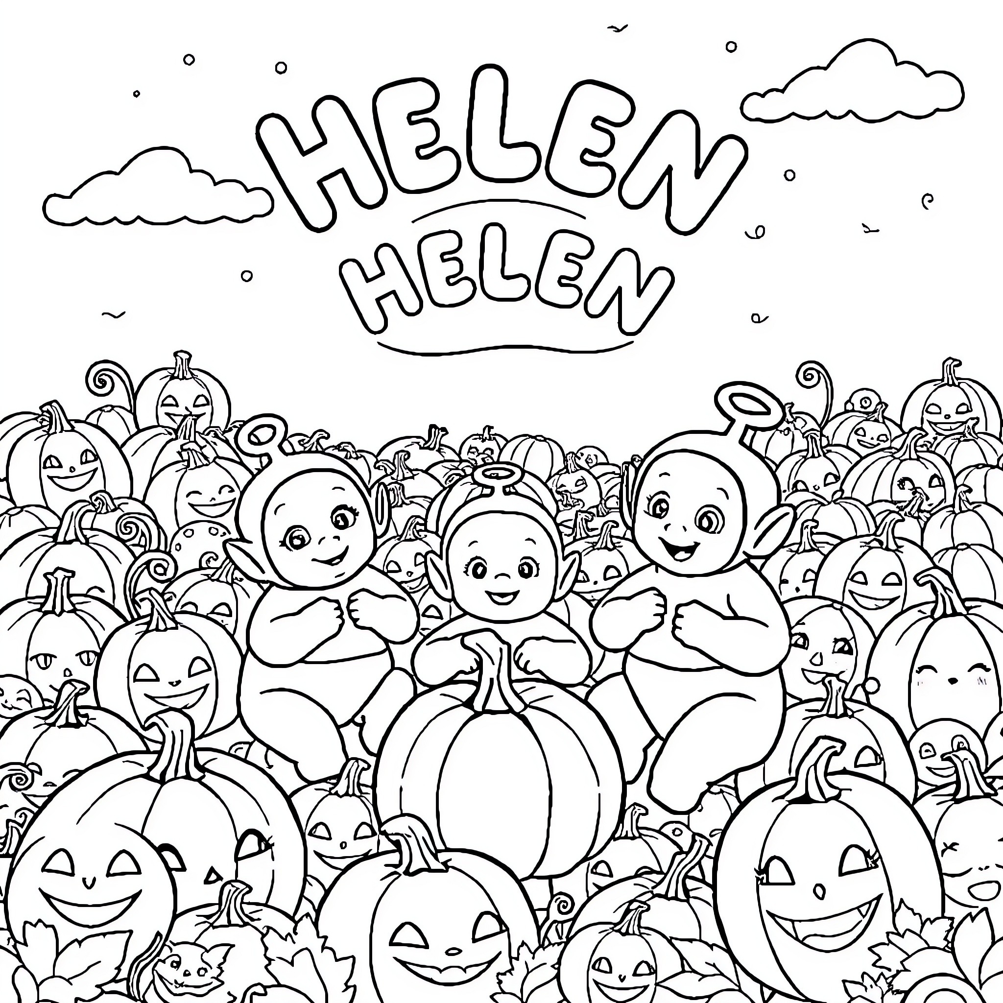 Teletubby characters playing in a pumpkin patch Coloring Page (free black-and-white line drawing printable PDF for all, from beginners to advanced learners, including children, teens, adults, and seniors)