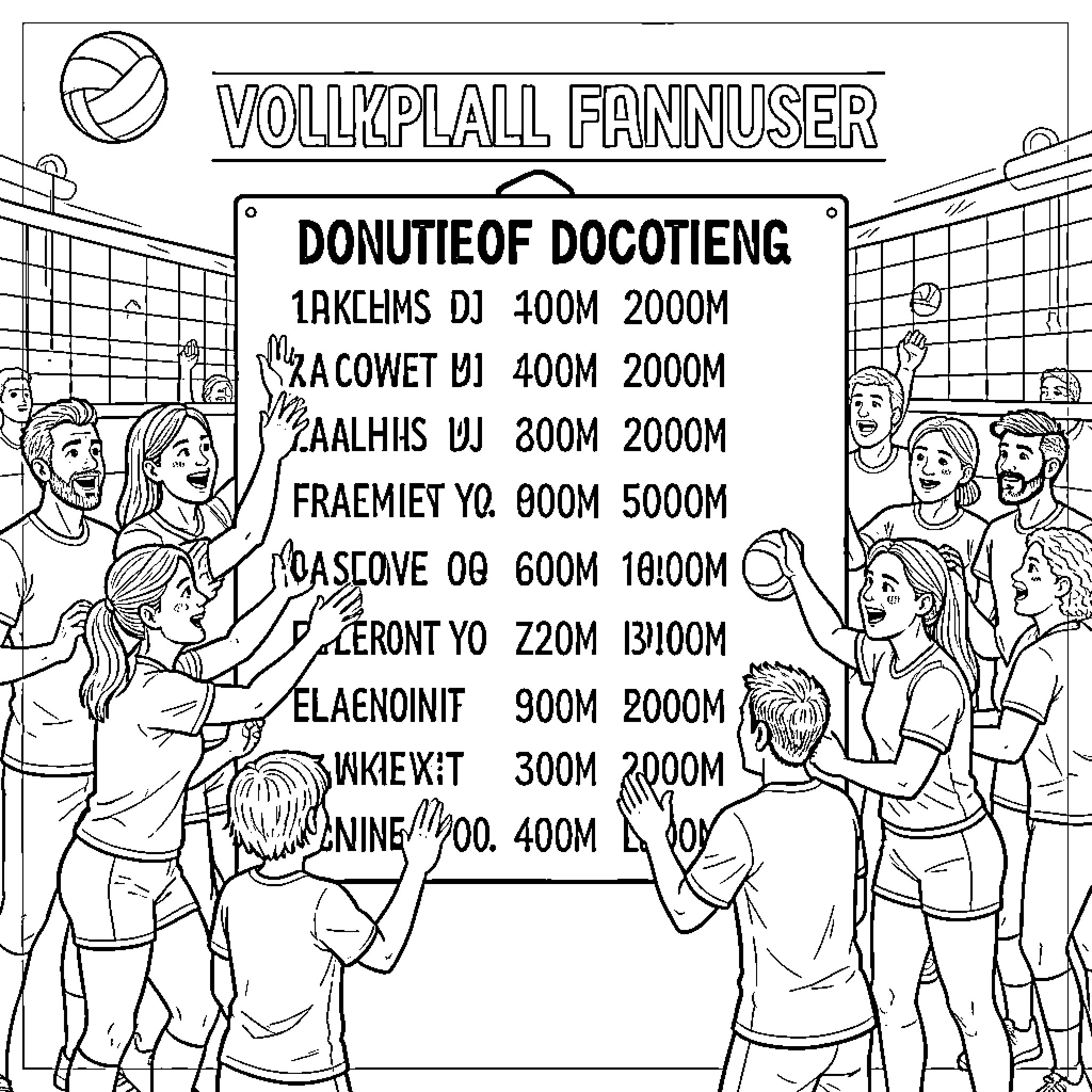 Volleyball players celebrating around a scoreboard Coloring Page (free black-and-white line drawing printable PDF for all, from beginners to advanced learners, including children, teens, adults, and seniors)