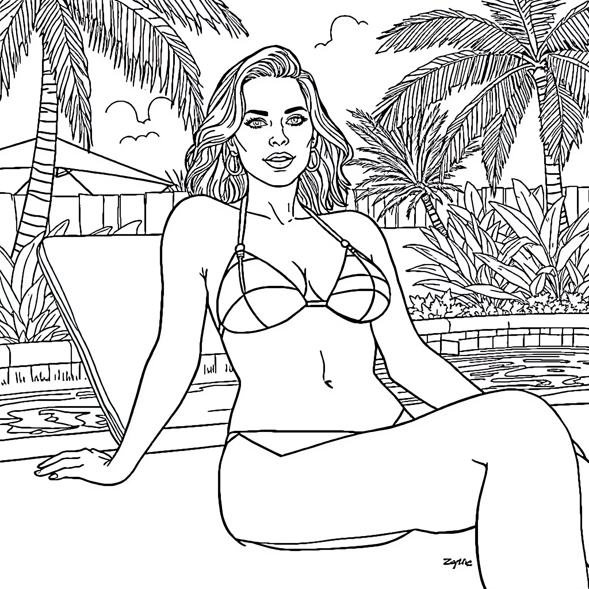 Scarlett Johansson lounging in tropical paradise Coloring Page (free black-and-white line drawing printable PDF for all, from beginners to advanced learners, including children, teens, adults, and seniors)