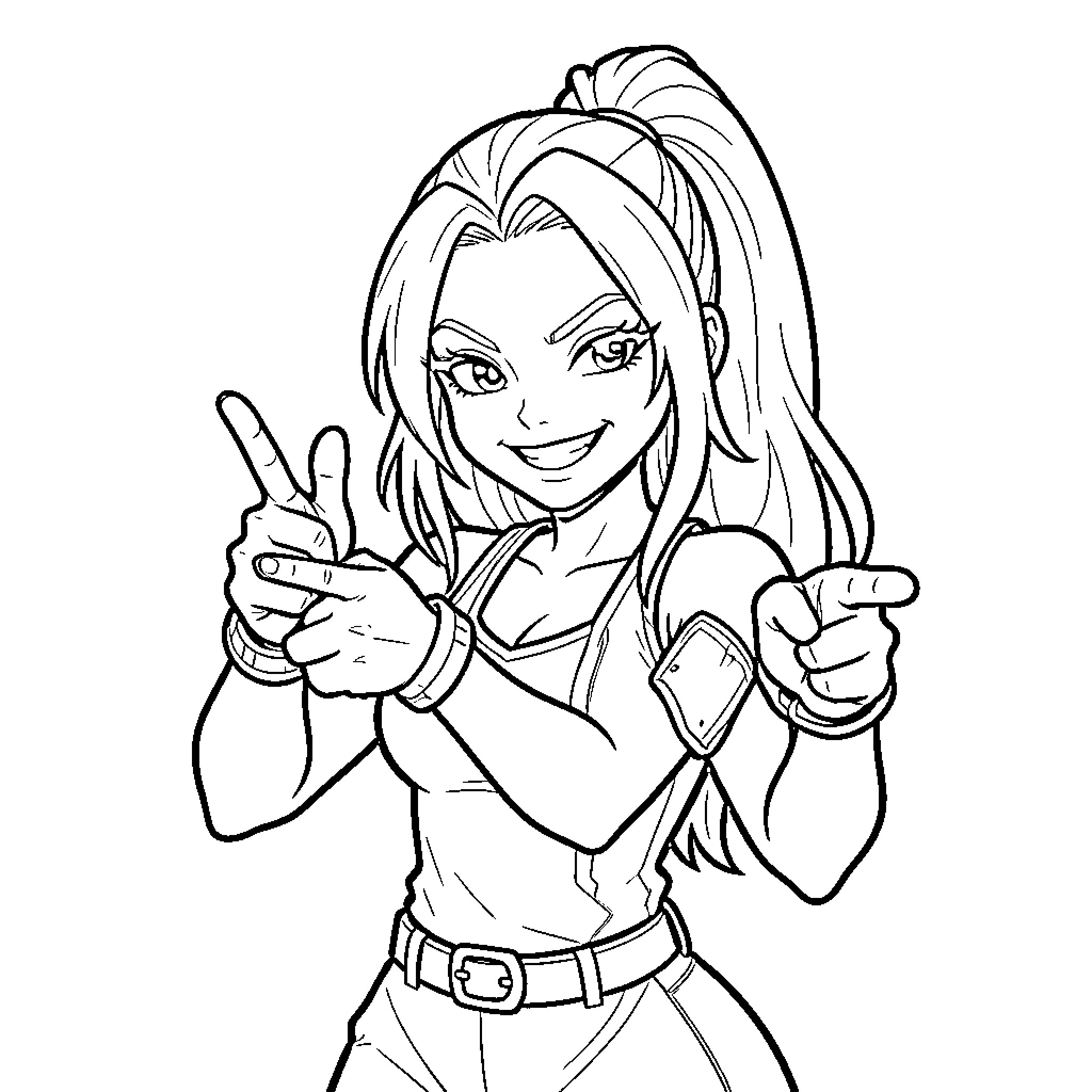 Jinx making peace signs in energetic pose Coloring Page (free black-and-white line drawing printable PDF for all, from beginners to advanced learners, including children, teens, adults, and seniors)
