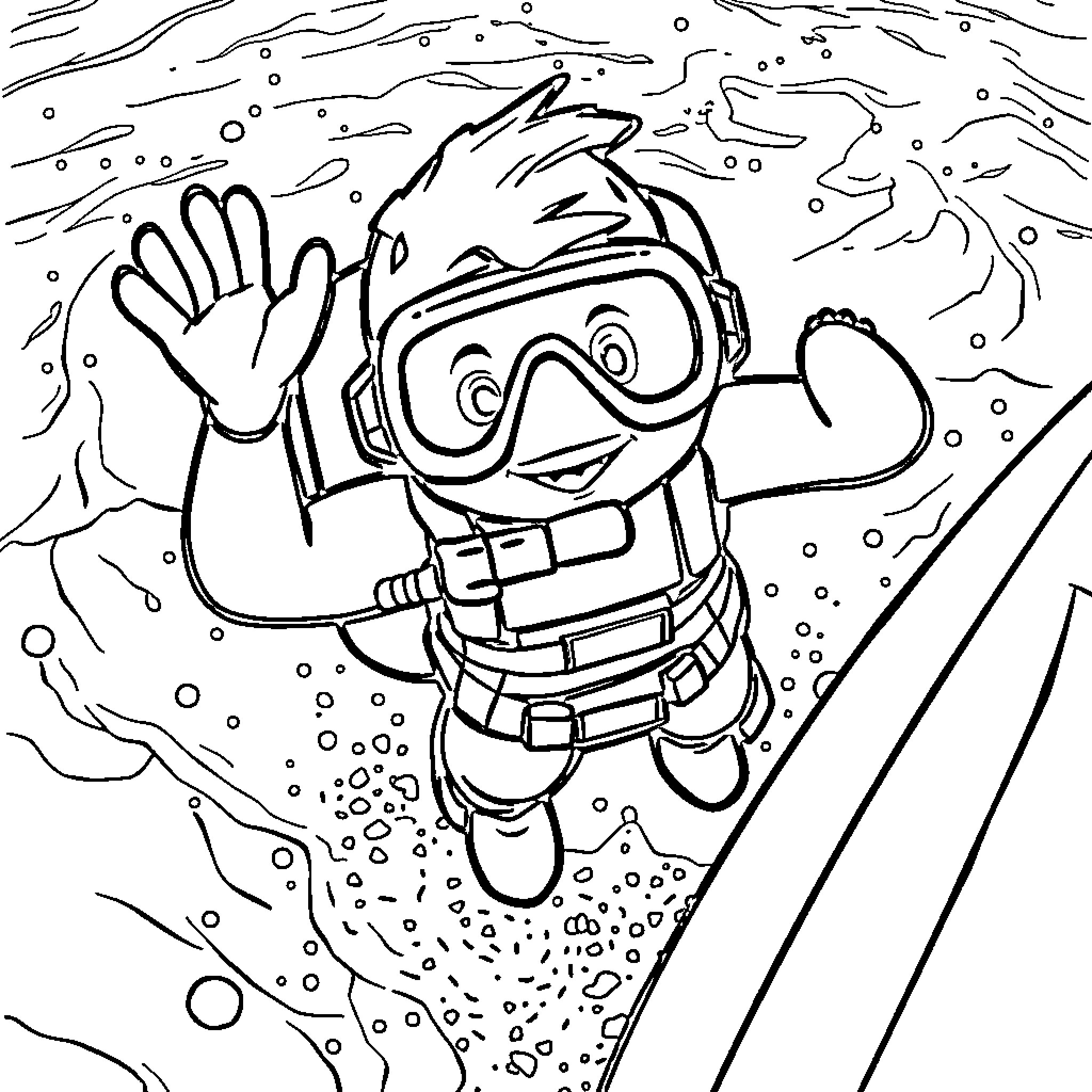 Scuba Diver Exploring the Underwater World Coloring Page (free black-and-white line drawing printable PDF for all, from beginners to advanced learners, including children, teens, adults, and seniors)