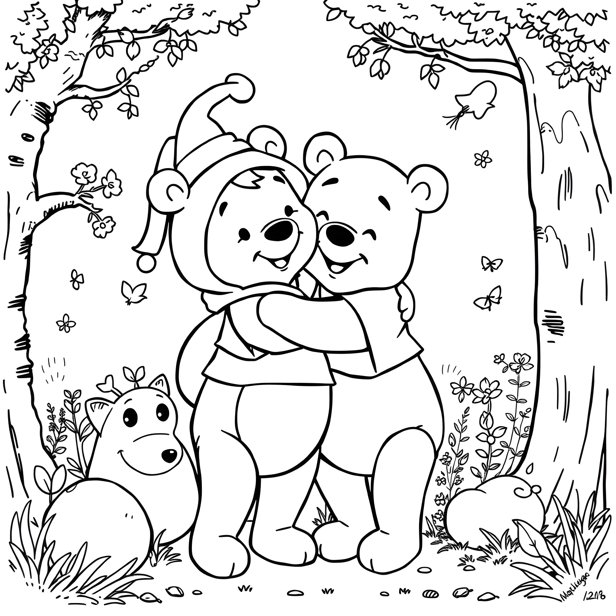 Evoli bears hugging in a forest scene Coloring Page (free black-and-white line drawing printable PDF for all, from beginners to advanced learners, including children, teens, adults, and seniors)