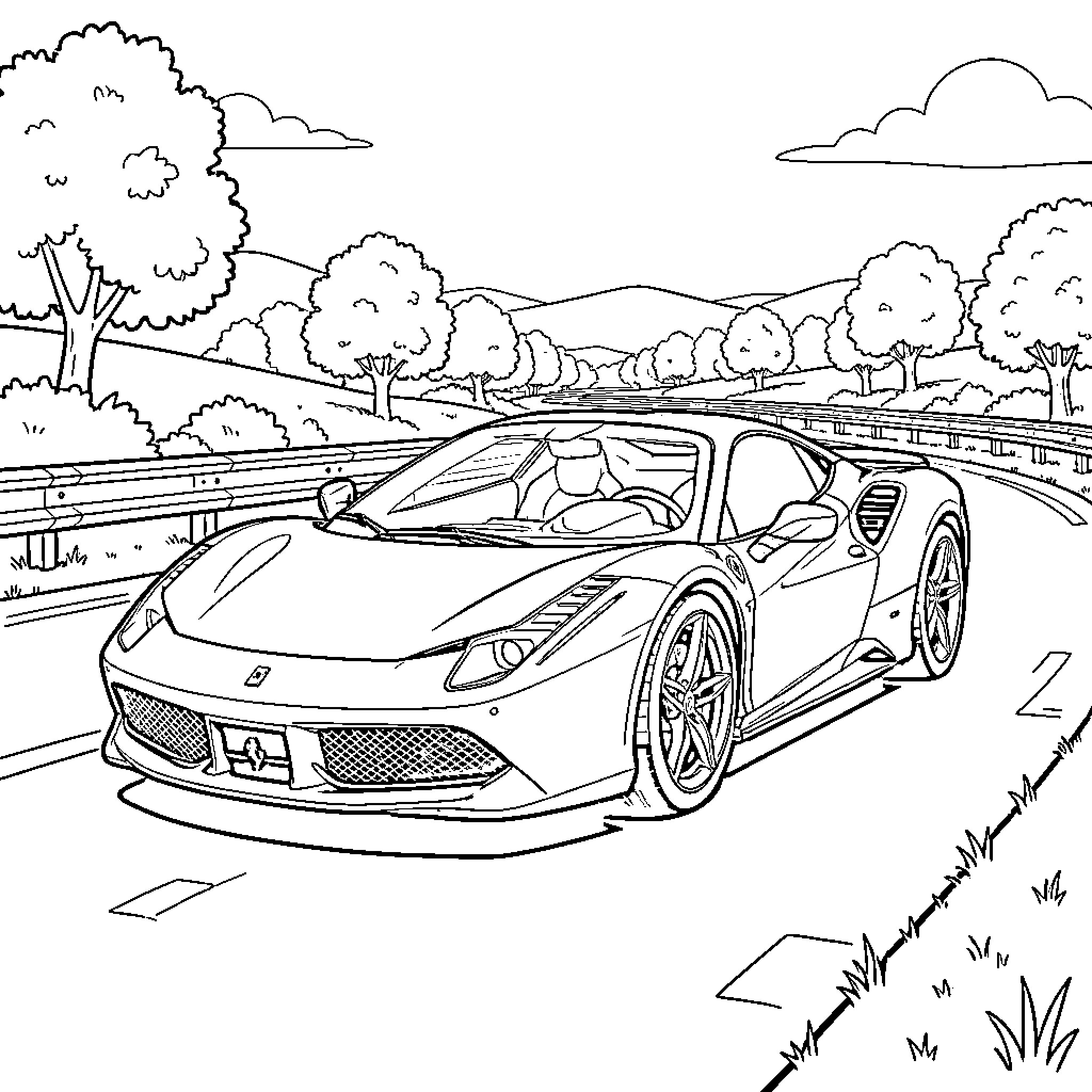 Ferrari sports car speeding through scenic landscape Coloring Page (free black-and-white line drawing printable PDF for all, from beginners to advanced learners, including children, teens, adults, and seniors)