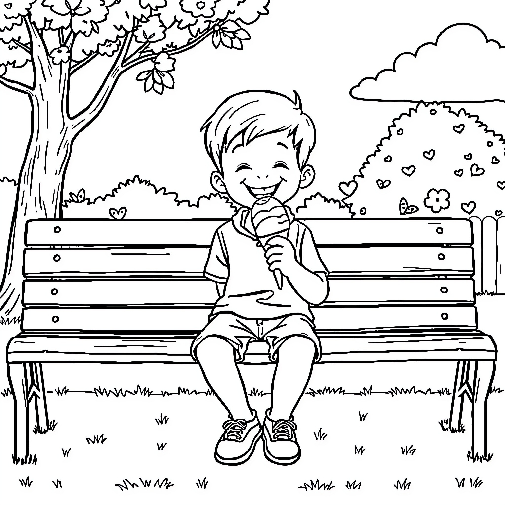 Boy enjoying an ice cream on a park bench Coloring Page (free black-and-white line drawing printable PDF for all, from beginners to advanced learners, including children, teens, adults, and seniors)