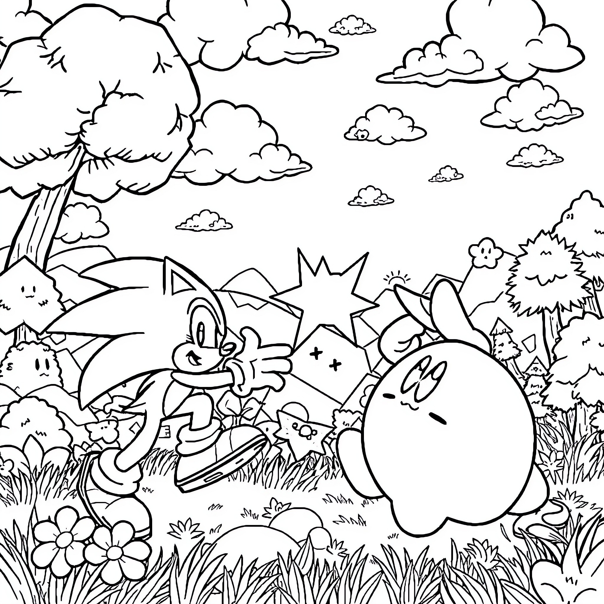 Sonic characters in a nature scene Coloring Page (free black-and-white line drawing printable PDF for all, from beginners to advanced learners, including children, teens, adults, and seniors)
