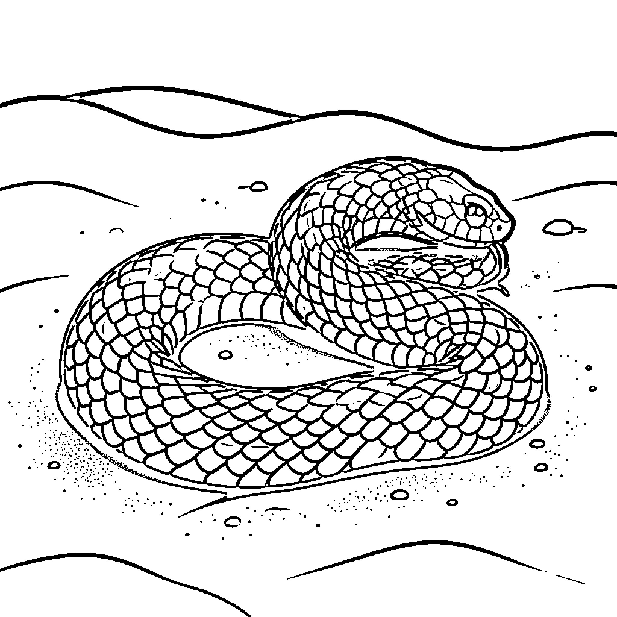 Snake slithering through a rocky landscape Coloring Page (free black-and-white line drawing printable PDF for all, from beginners to advanced learners, including children, teens, adults, and seniors)