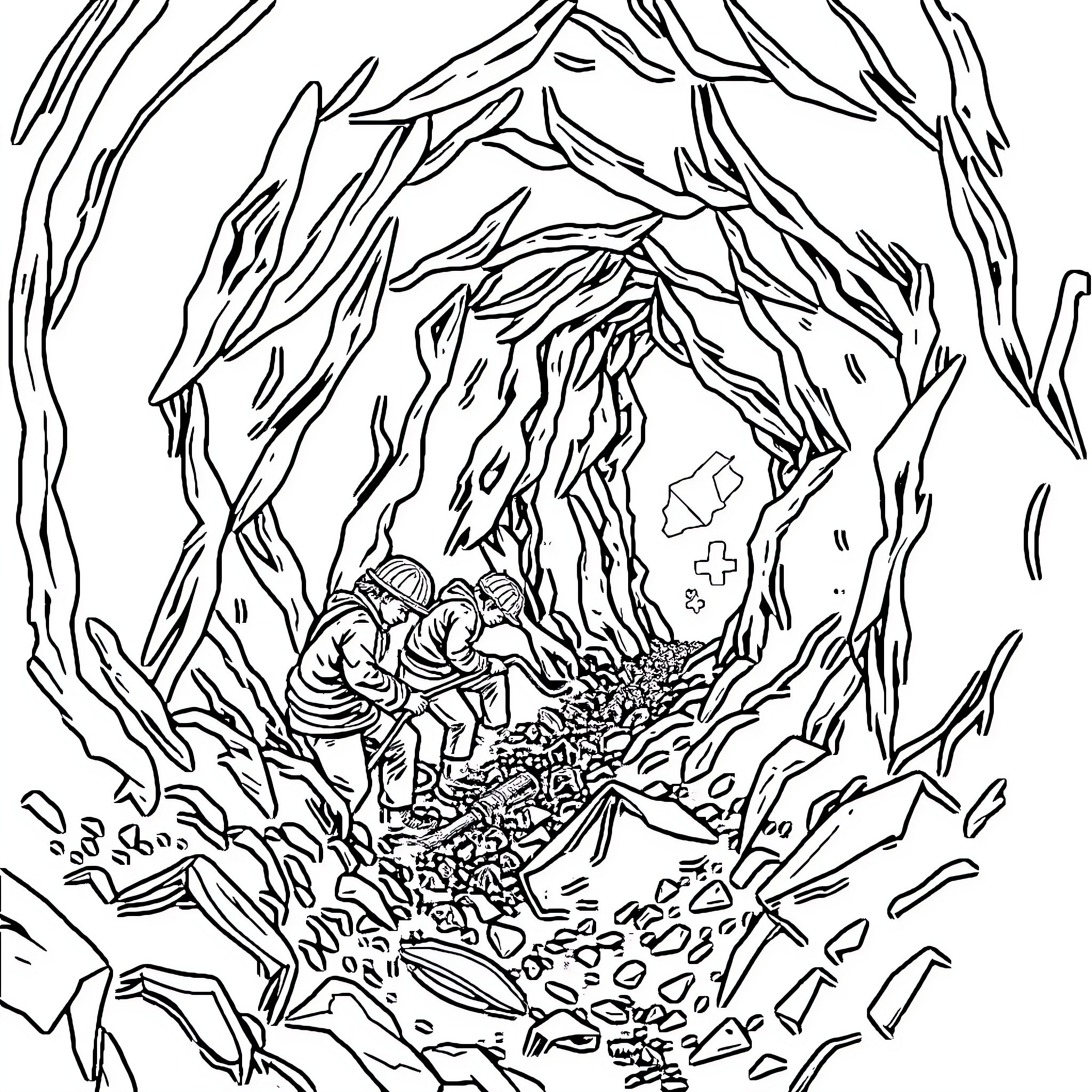 Mining exploration in a rocky cave environment Coloring Page (free black-and-white line drawing printable PDF for all, from beginners to advanced learners, including children, teens, adults, and seniors)