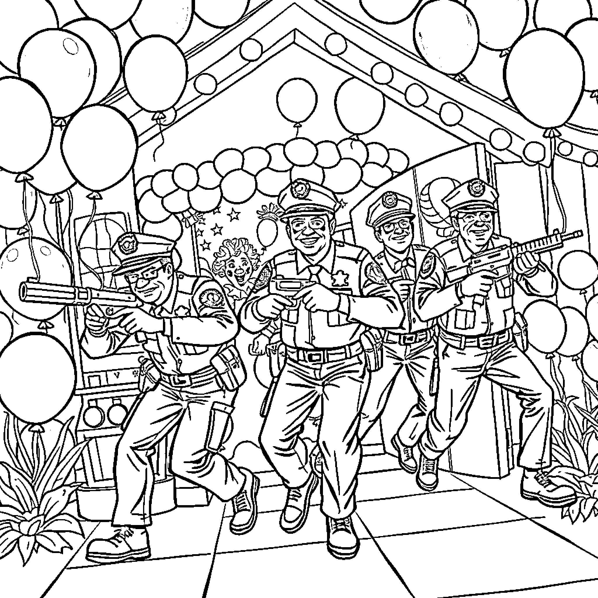 Clowns Celebrating with Balloons and Festivities Coloring Page (free black-and-white line drawing printable PDF for all, from beginners to advanced learners, including children, teens, adults, and seniors)