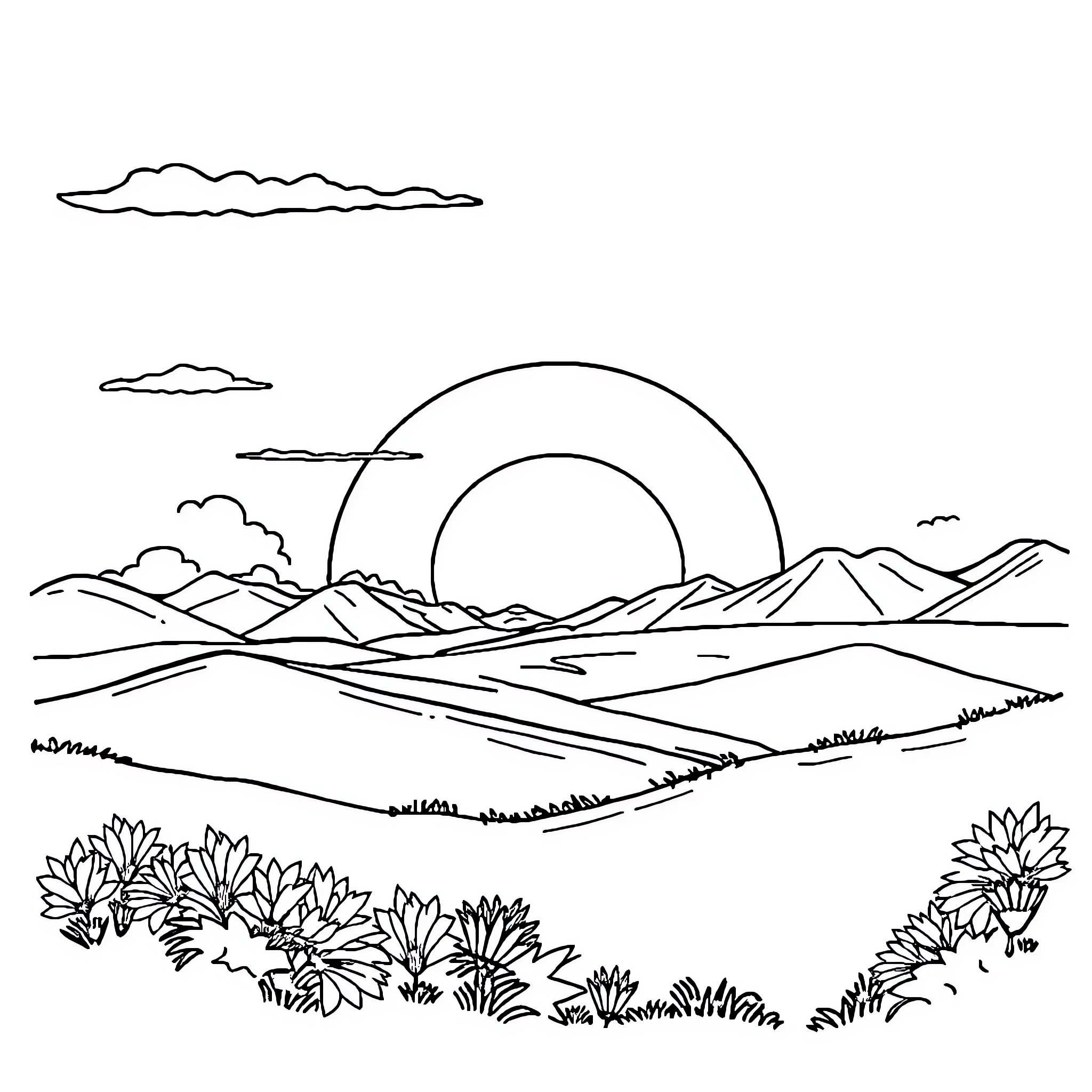 Suraj's serene landscape with mountains and flowers Coloring Page (free black-and-white line drawing printable PDF for all, from beginners to advanced learners, including children, teens, adults, and seniors)