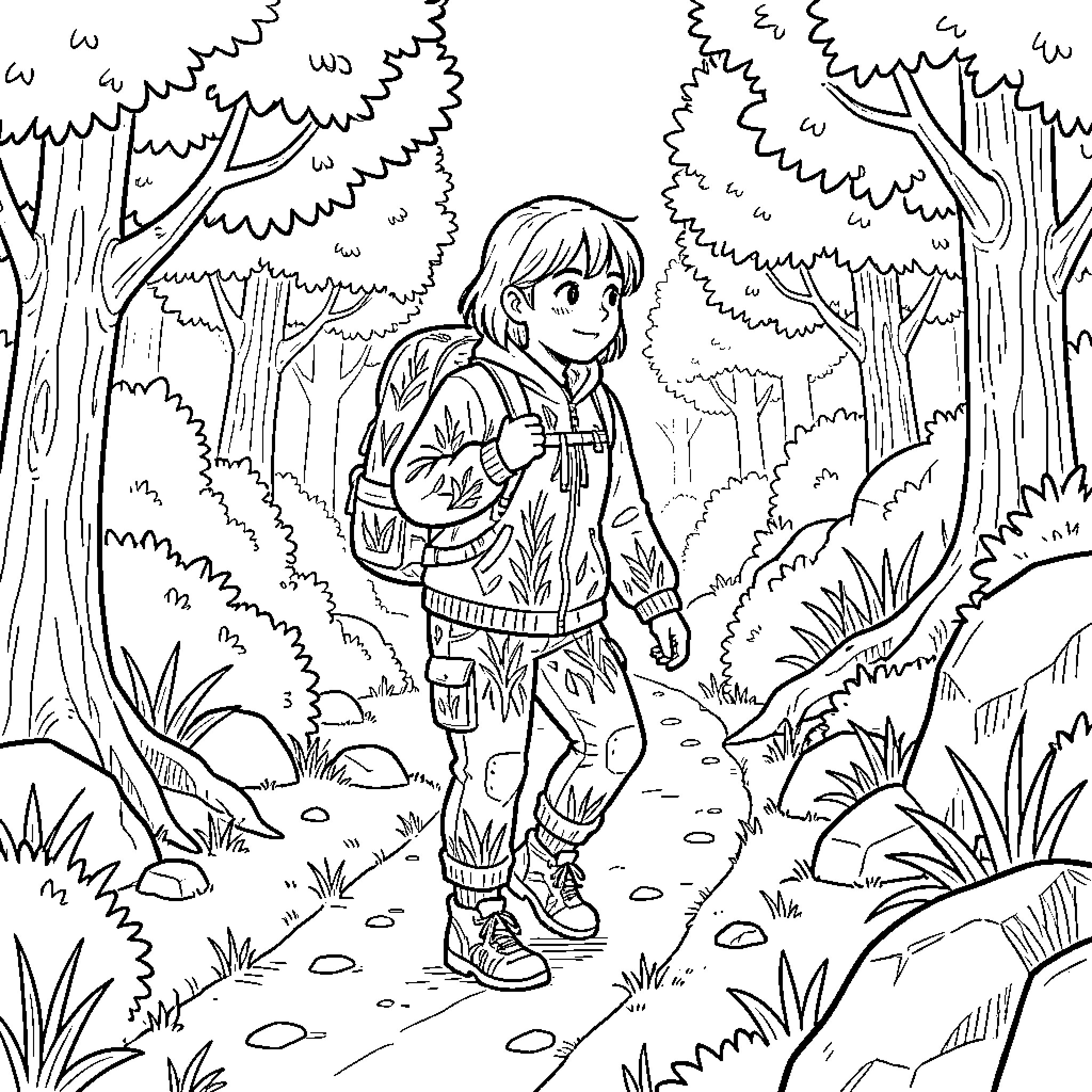 Character walking along a forest path wearing a backpack Coloring Page (free black-and-white line drawing printable PDF for all, from beginners to advanced learners, including children, teens, adults, and seniors)
