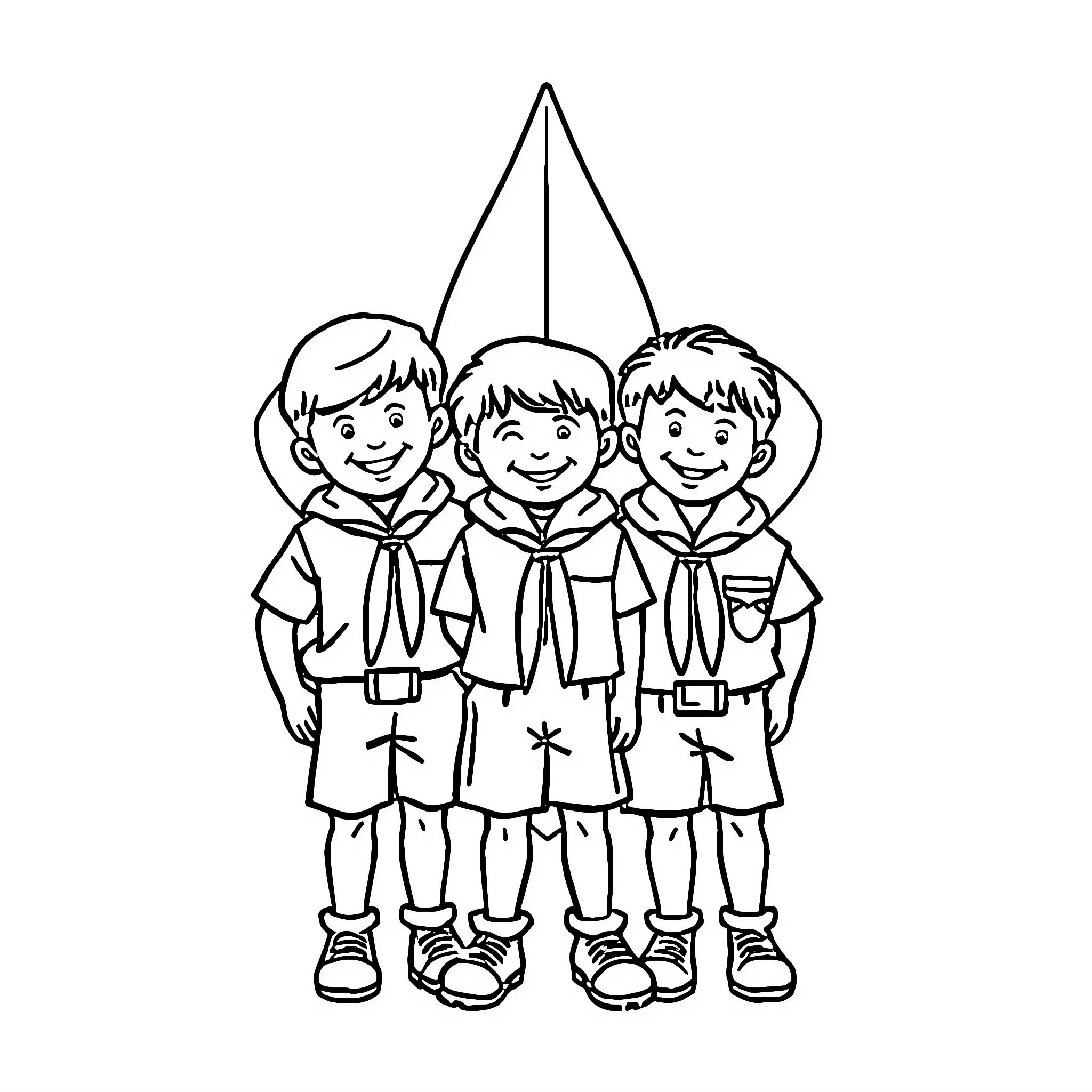 Scout boys in uniform standing together Coloring Page (free black-and-white line drawing printable PDF for all, from beginners to advanced learners, including children, teens, adults, and seniors)