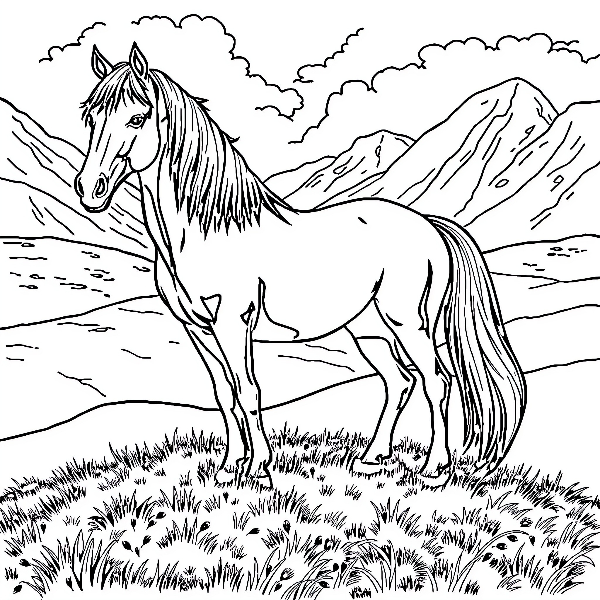 Island Horse Galloping Through Mountainous Landscape Coloring Page (free black-and-white line drawing printable PDF for all, from beginners to advanced learners, including children, teens, adults, and seniors)