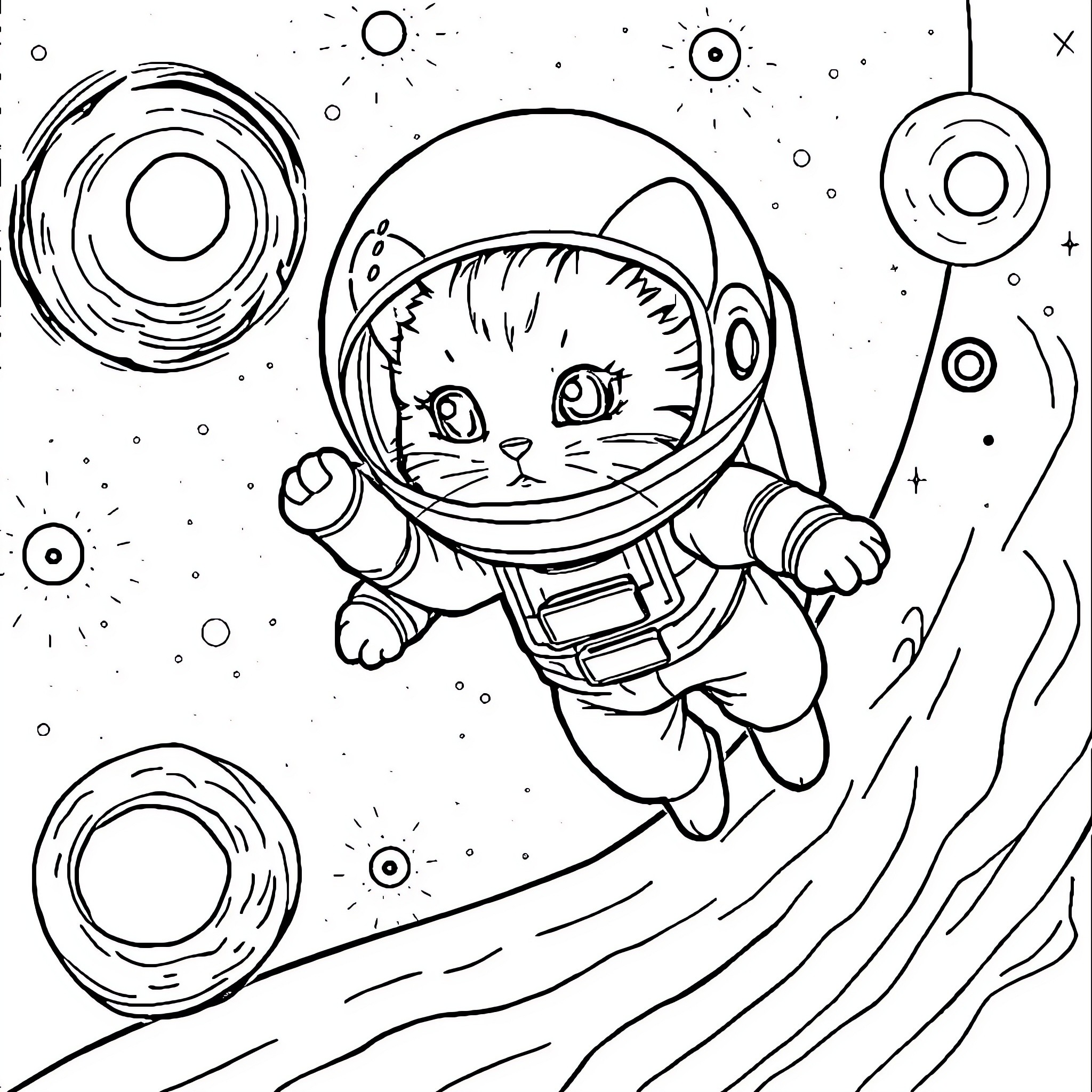 Kitten astronaut exploring the cosmos Coloring Page (free black-and-white line drawing printable PDF for all, from beginners to advanced learners, including children, teens, adults, and seniors)