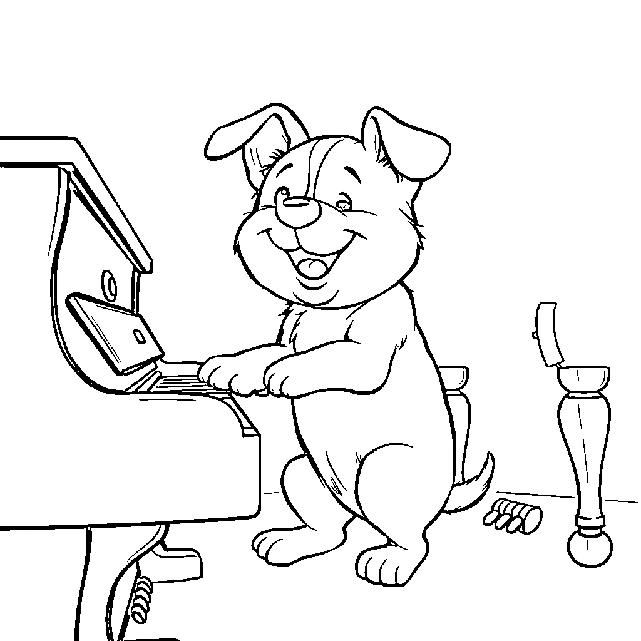Dog using a laptop happily in a room Coloring Page (free black-and-white line drawing printable PDF for all, from beginners to advanced learners, including children, teens, adults, and seniors)