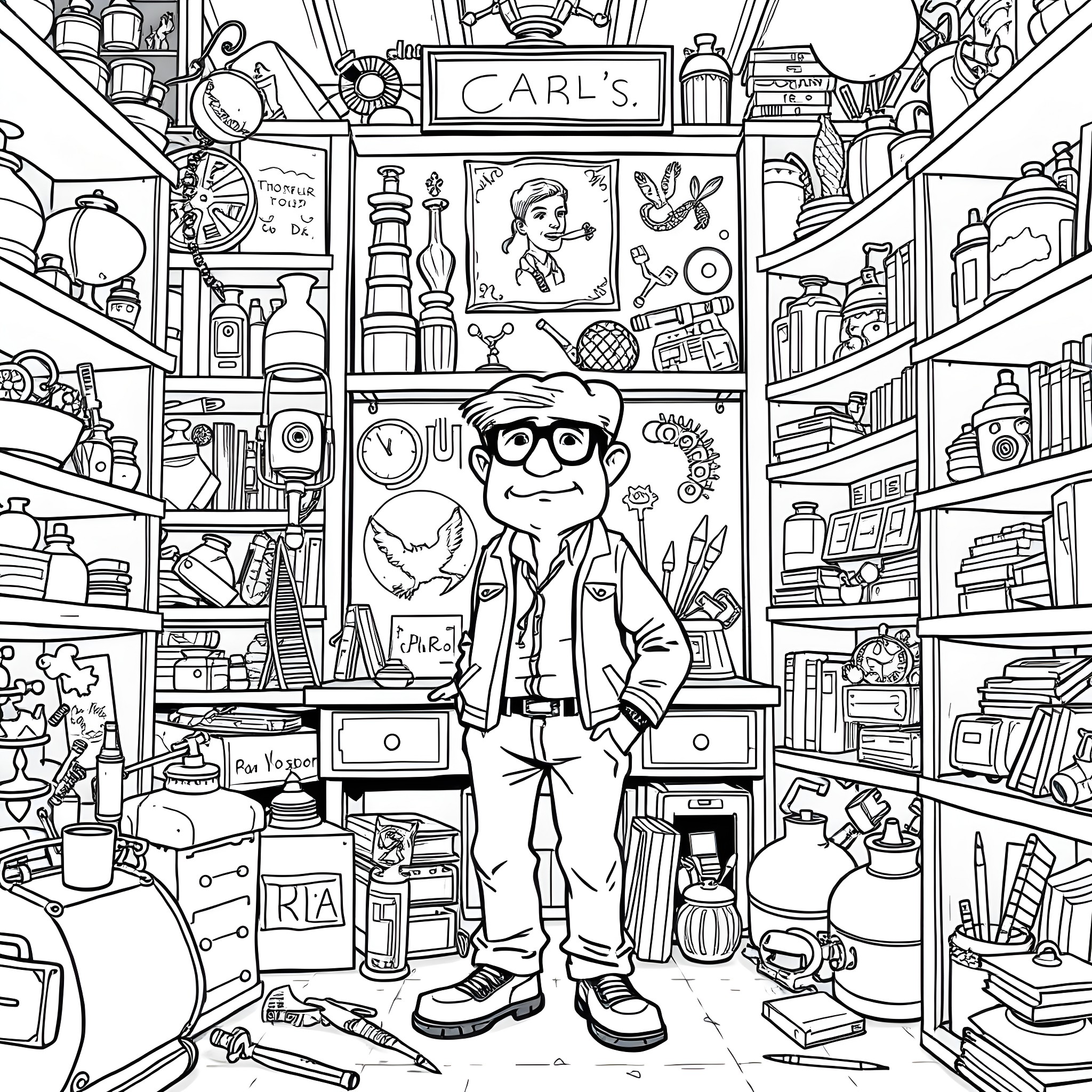Carl's Eclectic Workshop of Curiosities Coloring Page (free black-and-white line drawing printable PDF for all, from beginners to advanced learners, including children, teens, adults, and seniors)