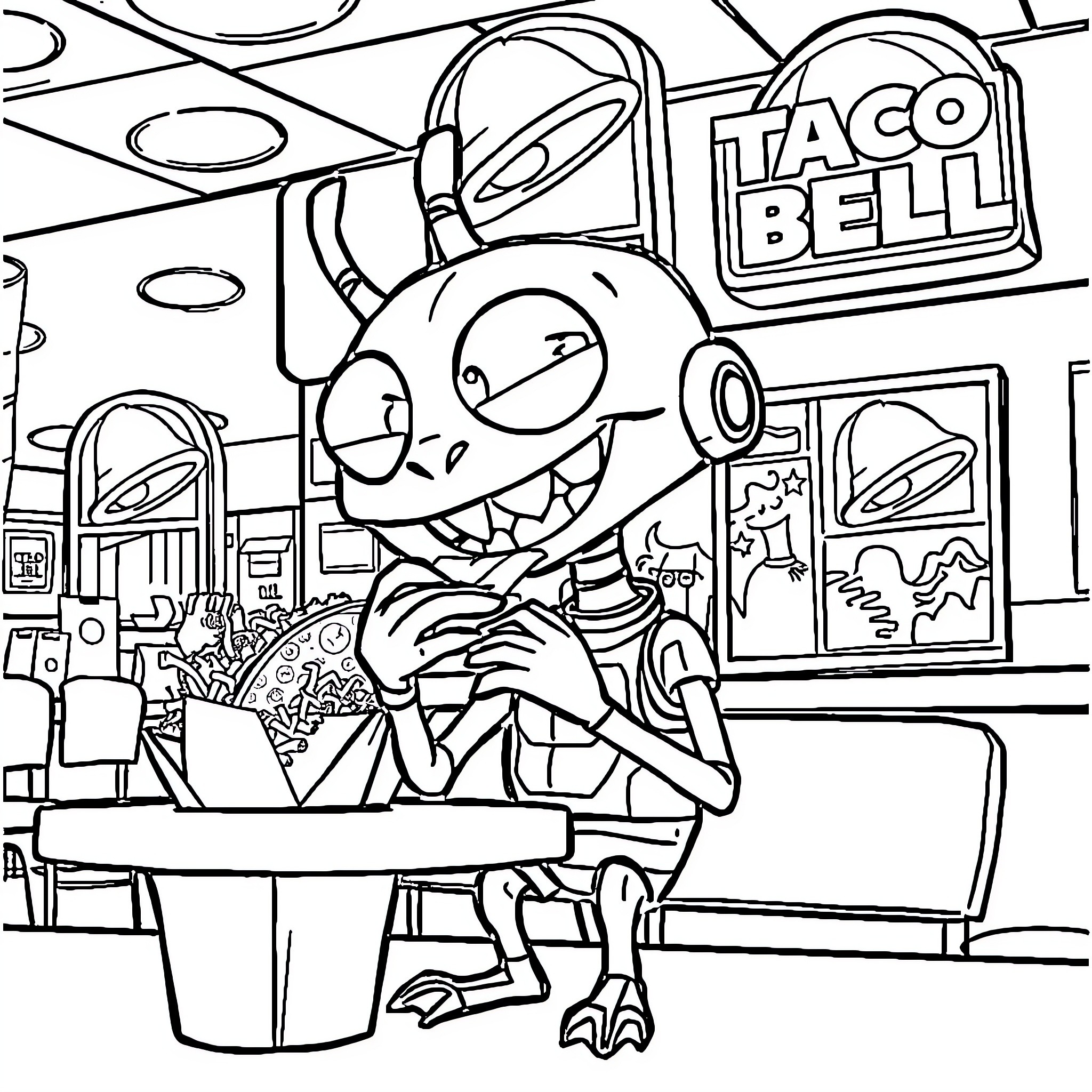 Gir ordering tacos at Taco Bell Coloring Page (free black-and-white line drawing printable PDF for all, from beginners to advanced learners, including children, teens, adults, and seniors)