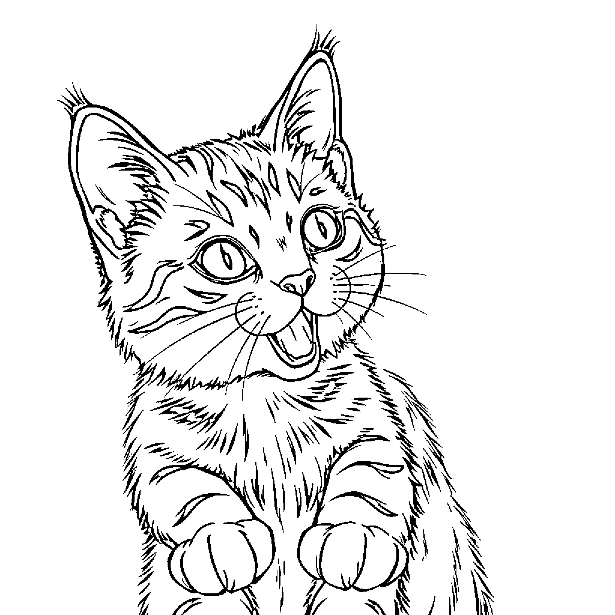 Cat with Expressive Face Coloring Page (free black-and-white line drawing printable PDF for all, from beginners to advanced learners, including children, teens, adults, and seniors)