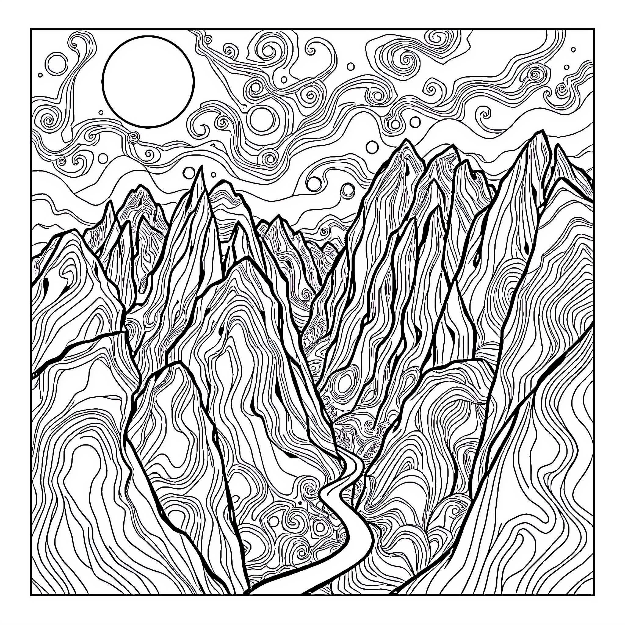 Maze of Majestic Mountain Landscapes Coloring Page (free black-and-white line drawing printable PDF for all, from beginners to advanced learners, including children, teens, adults, and seniors)