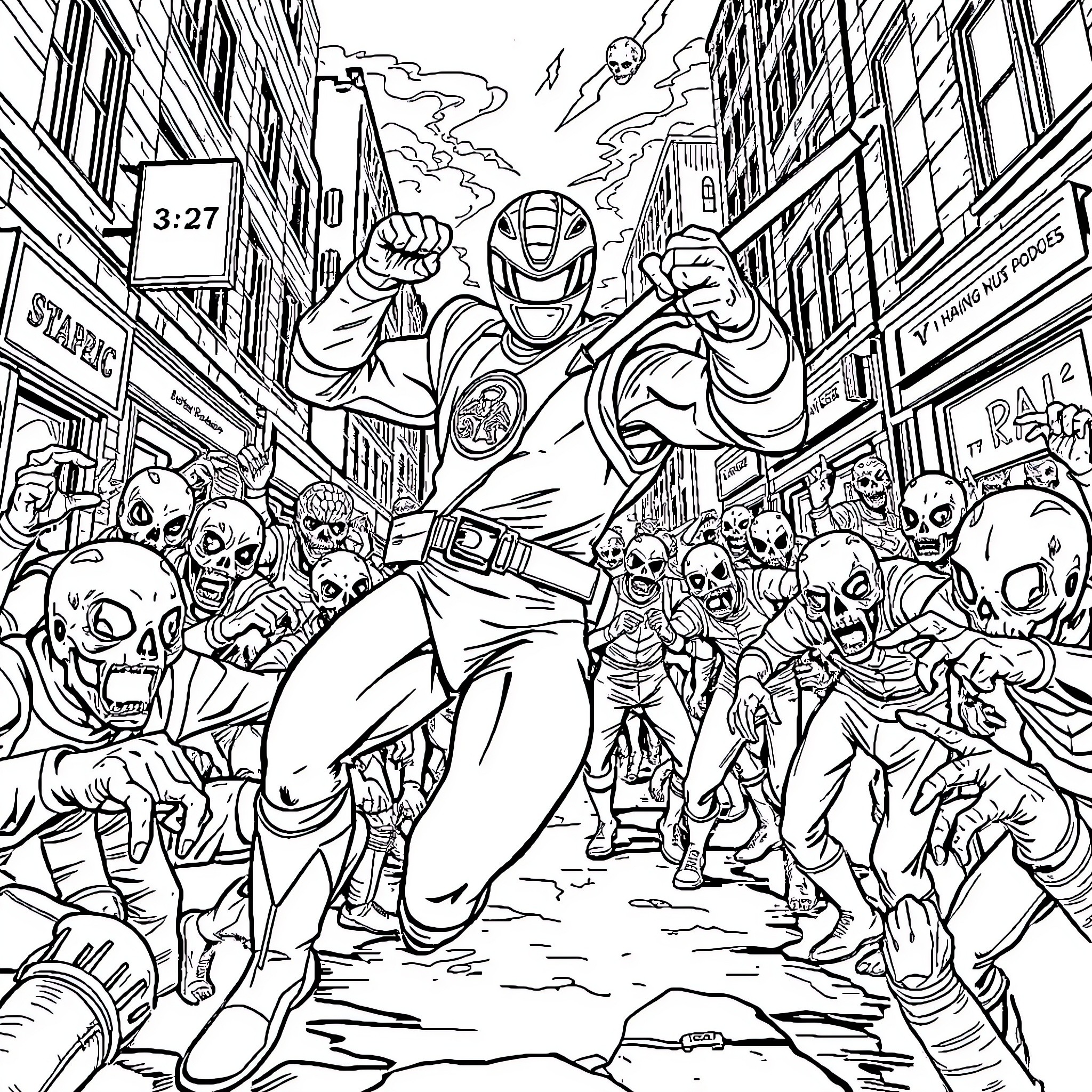 Power Rangers Taking Action in Chaotic City Scene Coloring Page (free black-and-white line drawing printable PDF for all, from beginners to advanced learners, including children, teens, adults, and seniors)