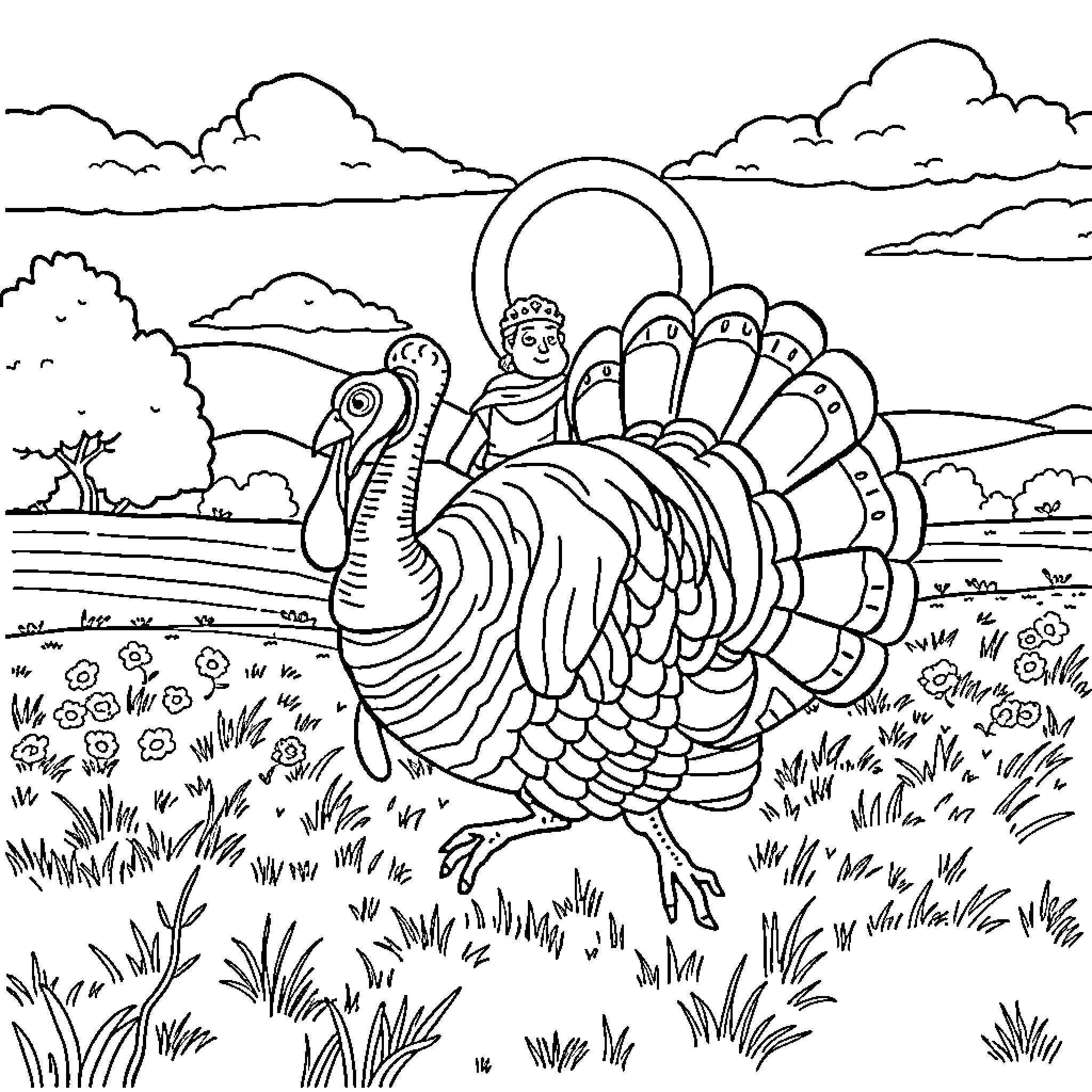 Alexander's Thanksgiving Turkey Adventure Coloring Page (free black-and-white line drawing printable PDF for all, from beginners to advanced learners, including children, teens, adults, and seniors)
