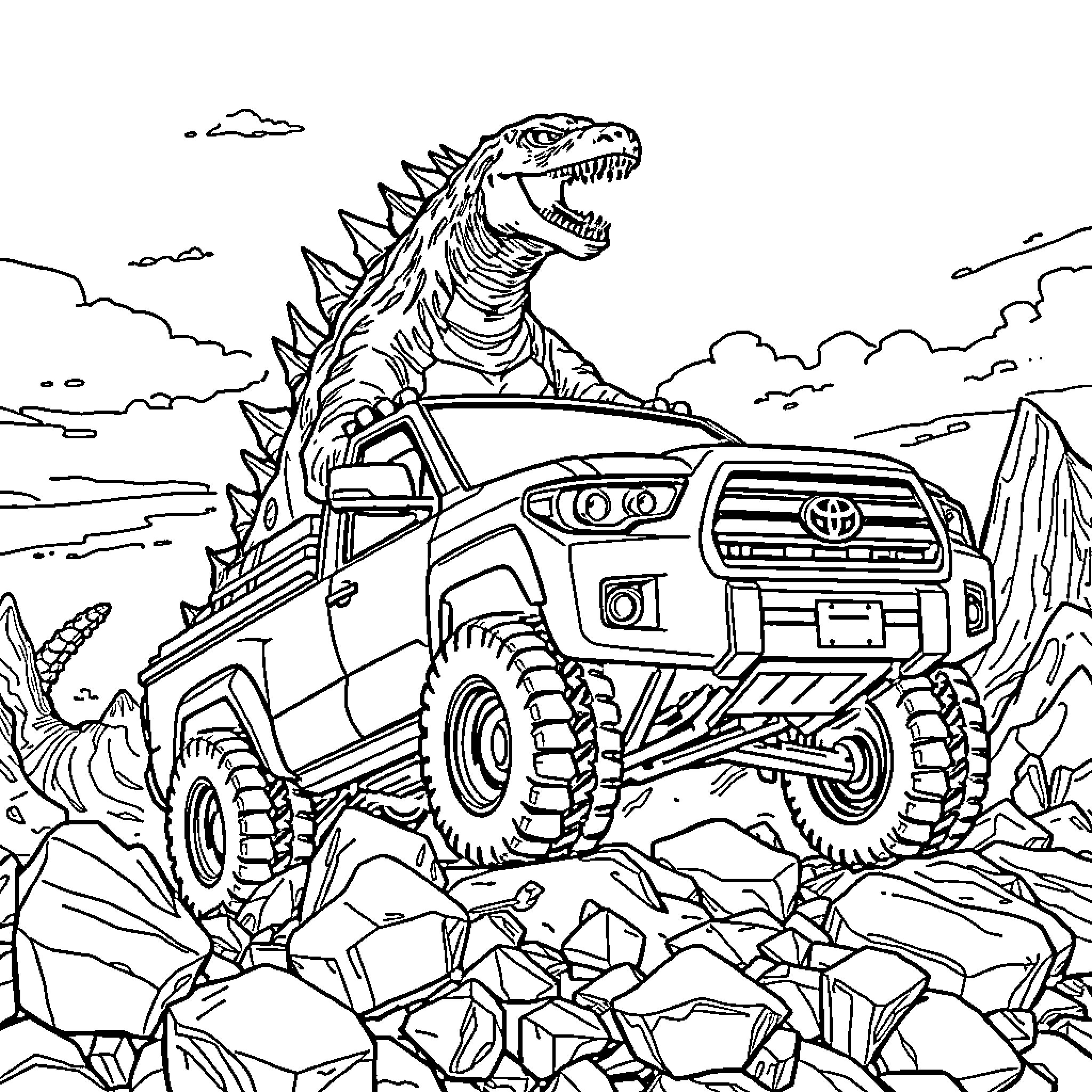 Godzilla stomping through the rugged terrain in a monster truck Coloring Page (free black-and-white line drawing printable PDF for all, from beginners to advanced learners, including children, teens, adults, and seniors)