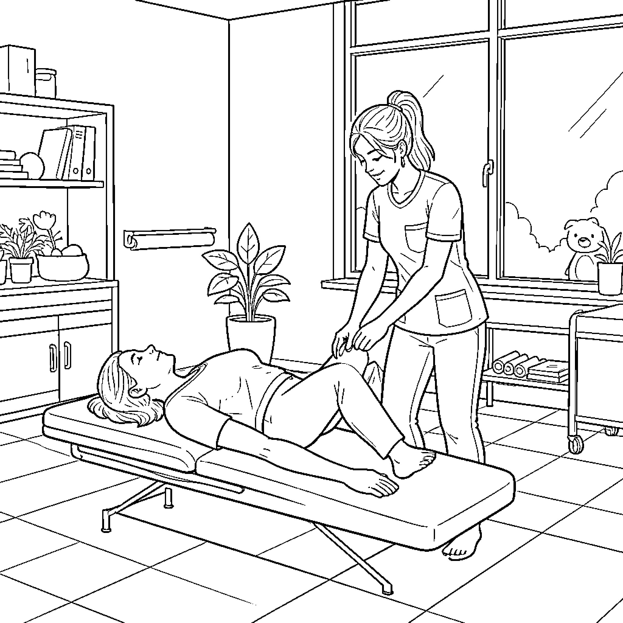 Physiotherapist Providing Treatment to Patient Coloring Page (free black-and-white line drawing printable PDF for all, from beginners to advanced learners, including children, teens, adults, and seniors)