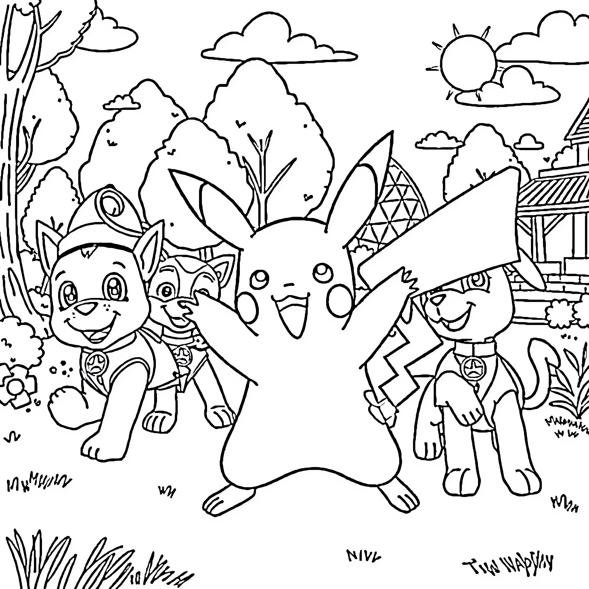 Pikachu and friends enjoying nature together Coloring Page (free black-and-white line drawing printable PDF for all, from beginners to advanced learners, including children, teens, adults, and seniors)