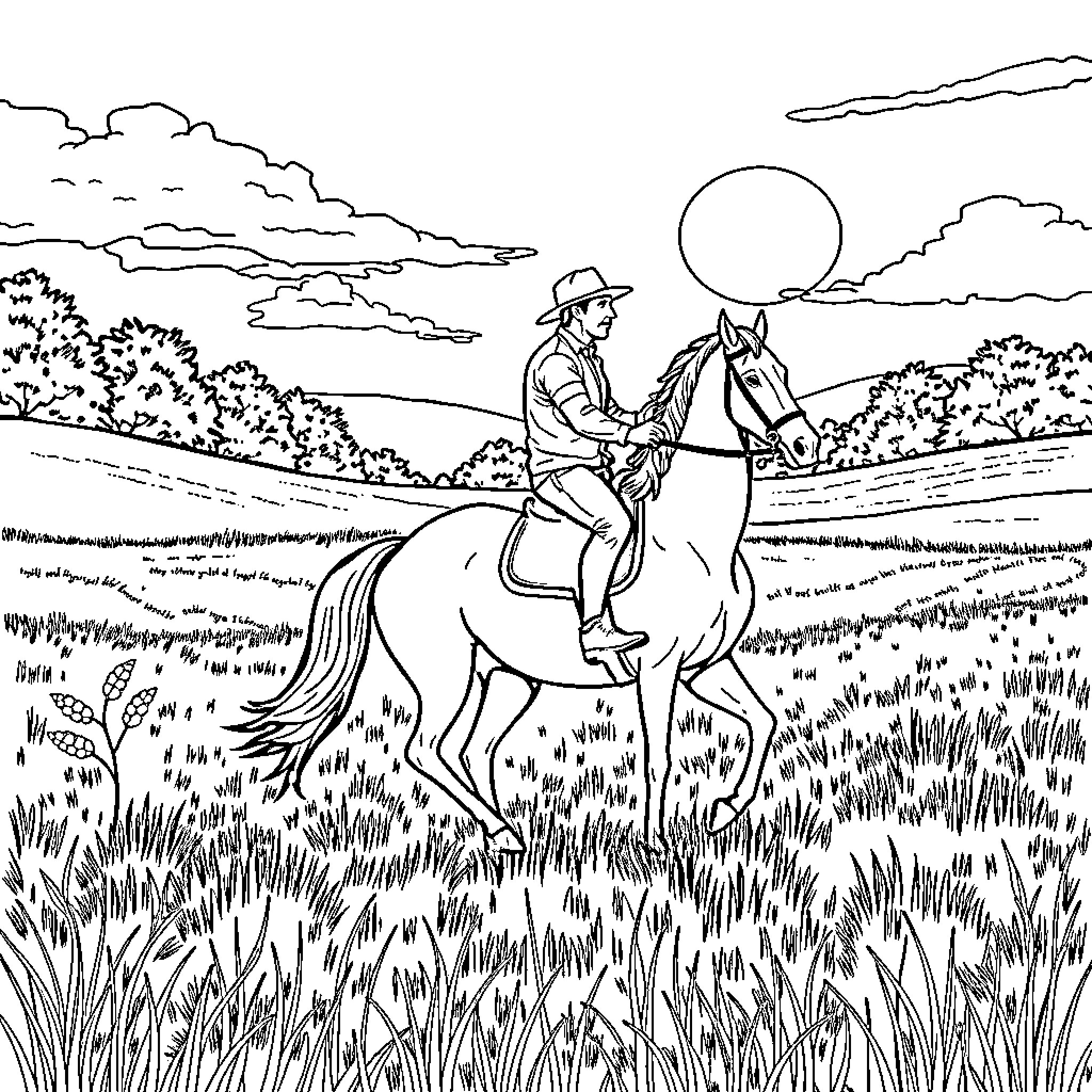 Man riding horse through scenic countryside Coloring Page (free black-and-white line drawing printable PDF for all, from beginners to advanced learners, including children, teens, adults, and seniors)